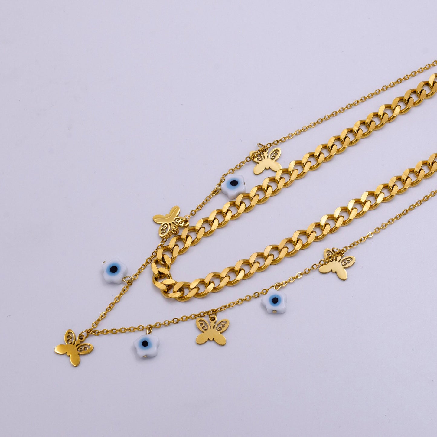 Stainless steel evil eye flower butterfly cable curb chain double layer necklace | wa-2341