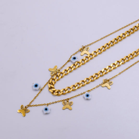 Stainless steel evil eye flower butterfly cable curb chain double layer necklace | wa-2341