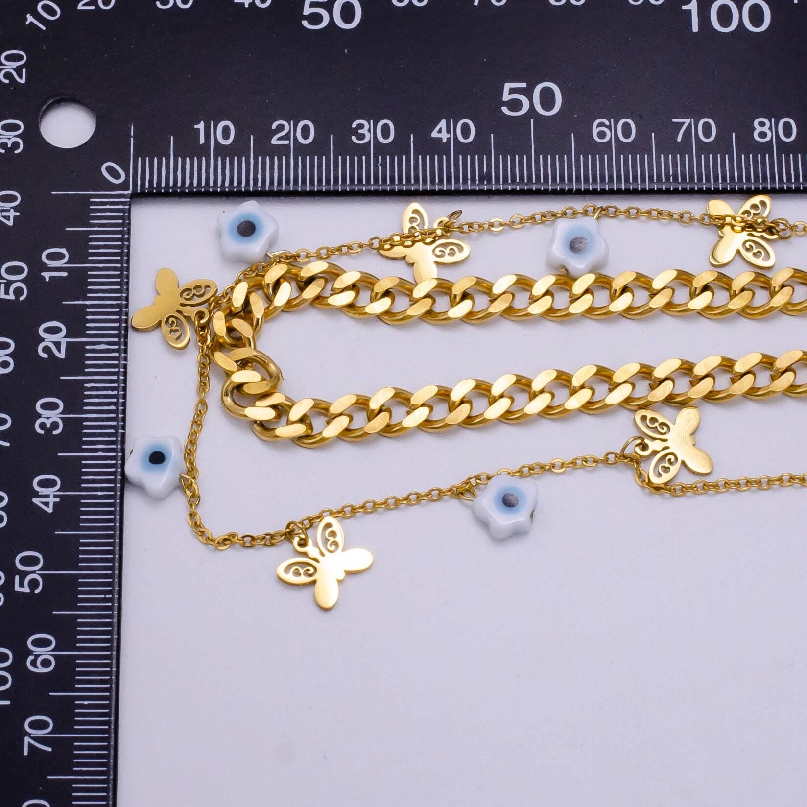 Stainless steel evil eye flower butterfly cable curb chain double layer necklace | wa-2341