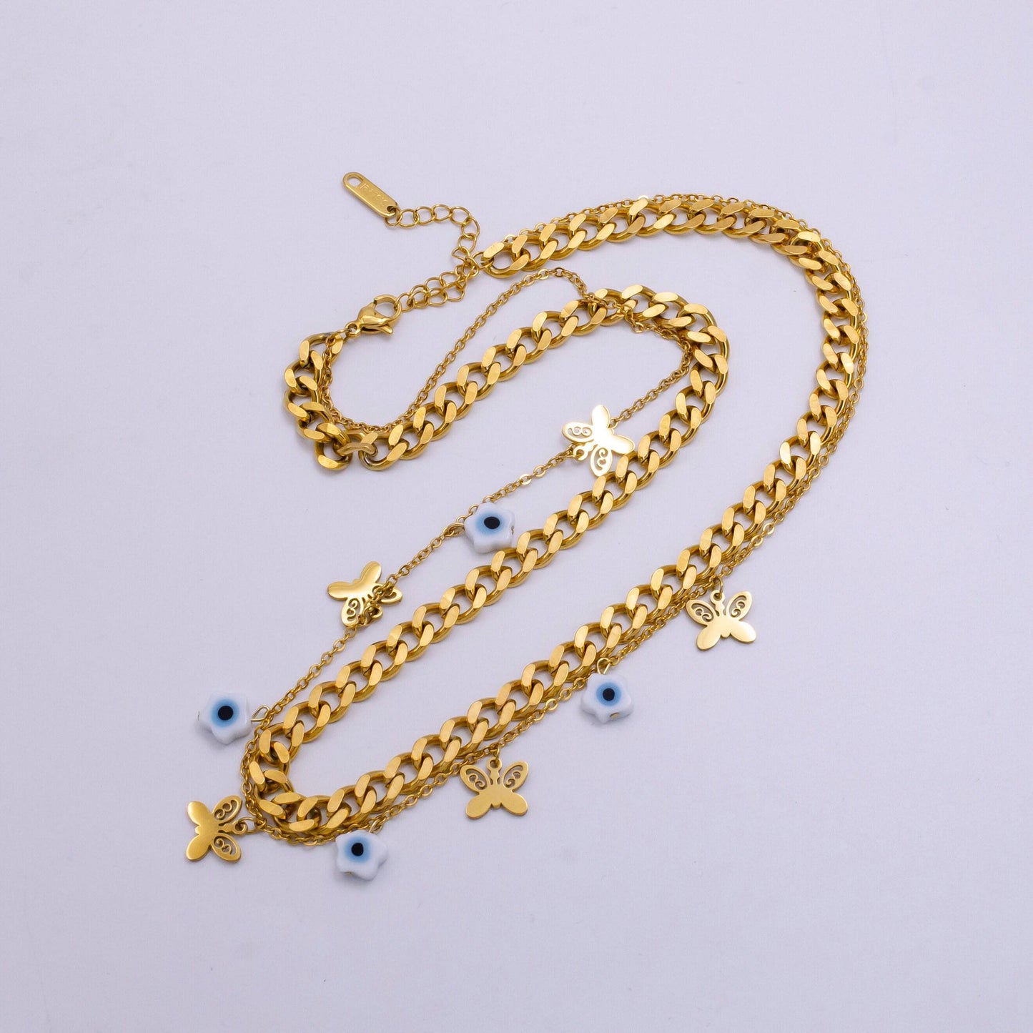 Stainless steel evil eye flower butterfly cable curb chain double layer necklace | wa-2341