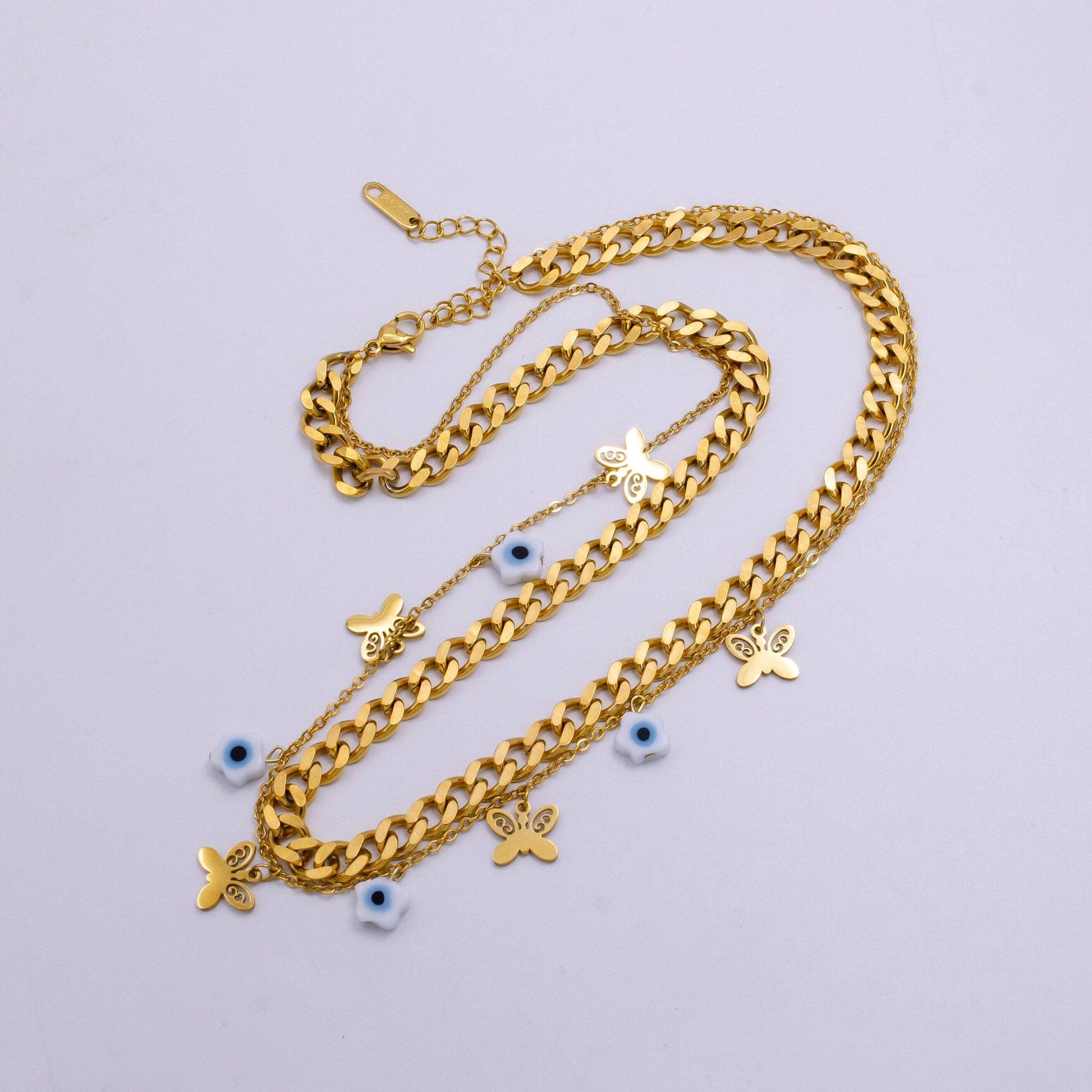 Stainless steel evil eye flower butterfly cable curb chain double layer necklace | wa-2341