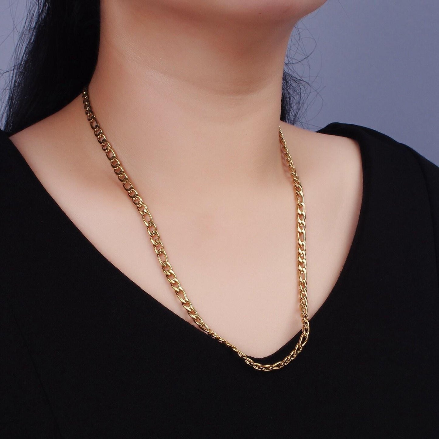 5.2mm figaro link stainless steel gold plated necklace chain for men or women long figaro chain 20, 22, 24 inch necklace wa2312