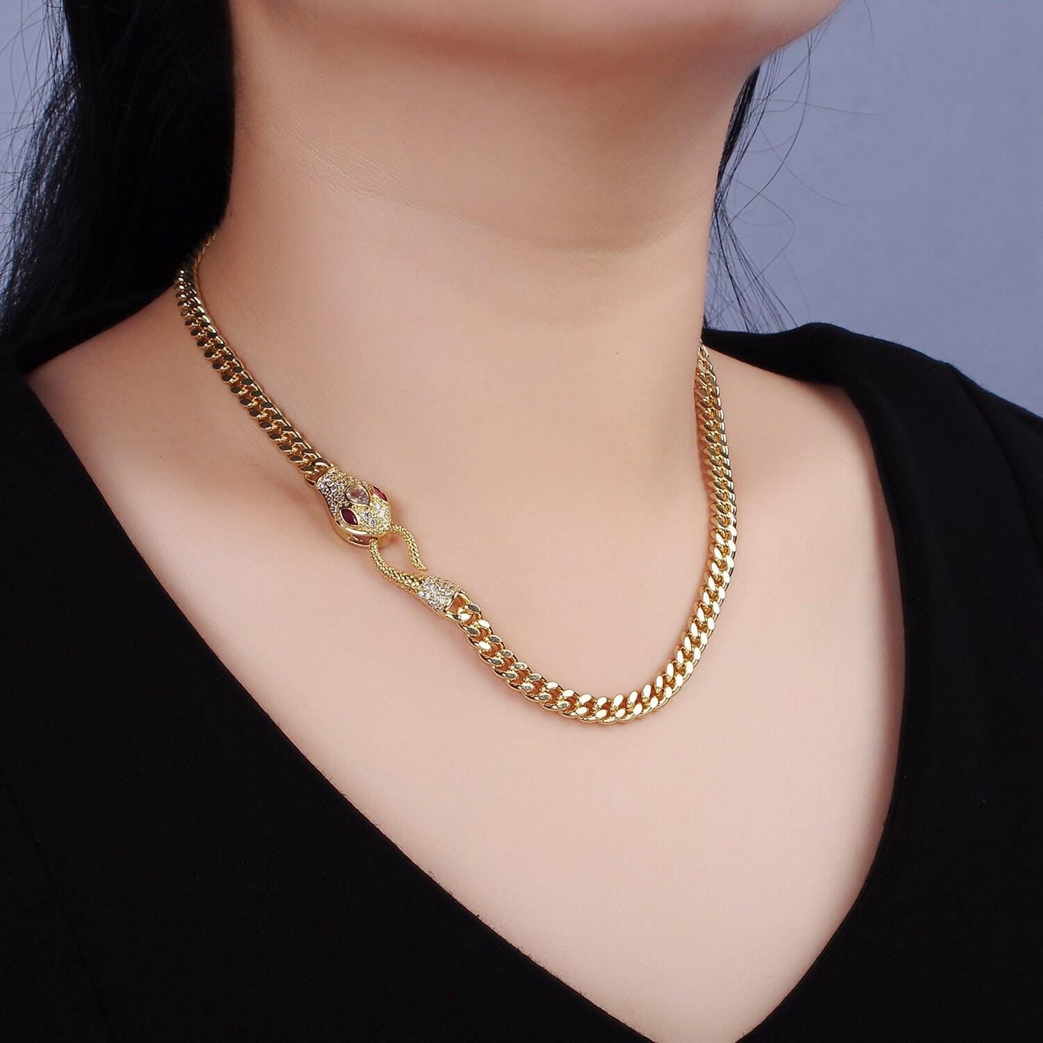 5.8mm gold miami cuban curb chain with cubic zirconia snake clasp silver serpent end clasp for statement jewelry 18 inch necklace wa-2205