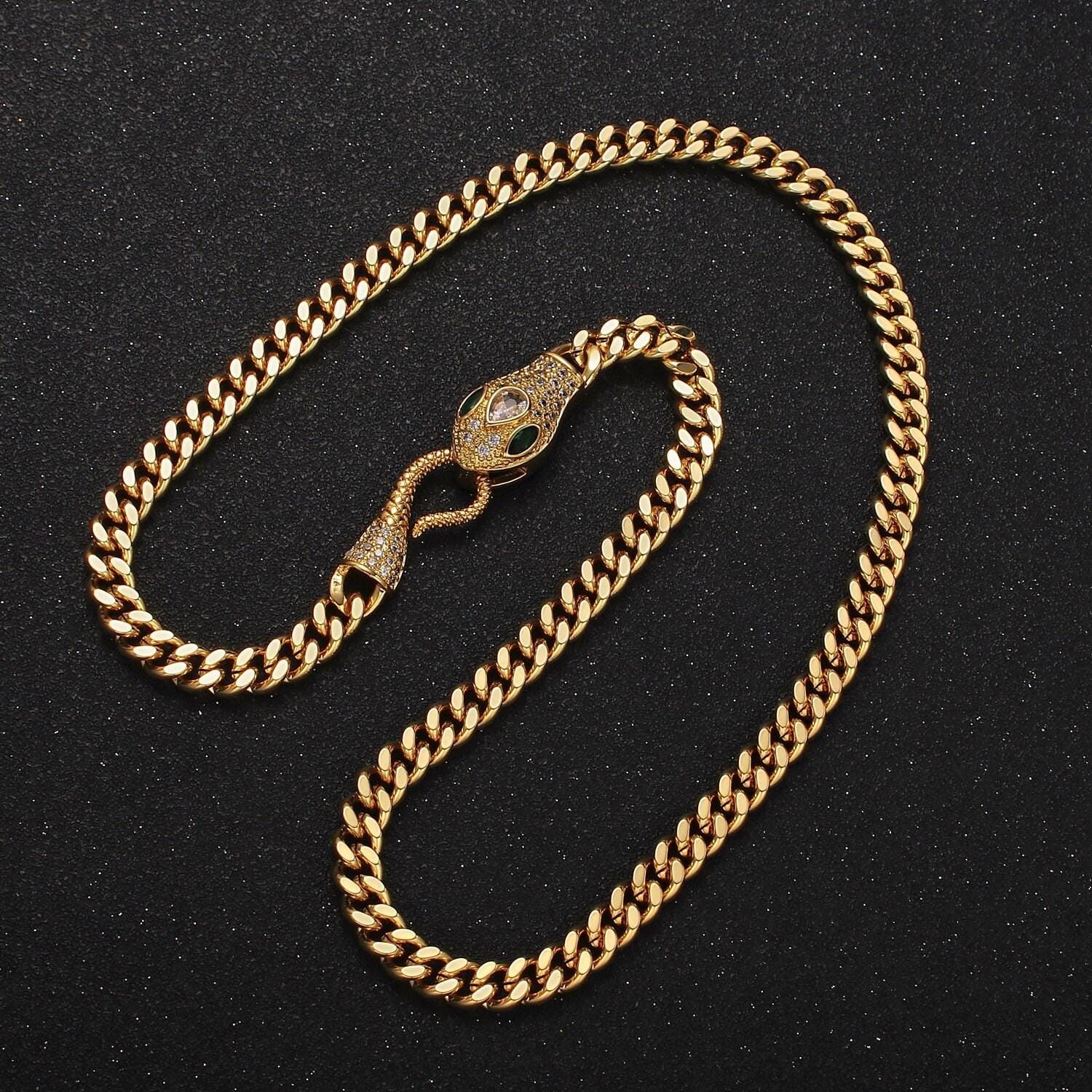 5.8mm gold miami cuban curb chain with cubic zirconia snake clasp silver serpent end clasp for statement jewelry 18 inch necklace wa-2205