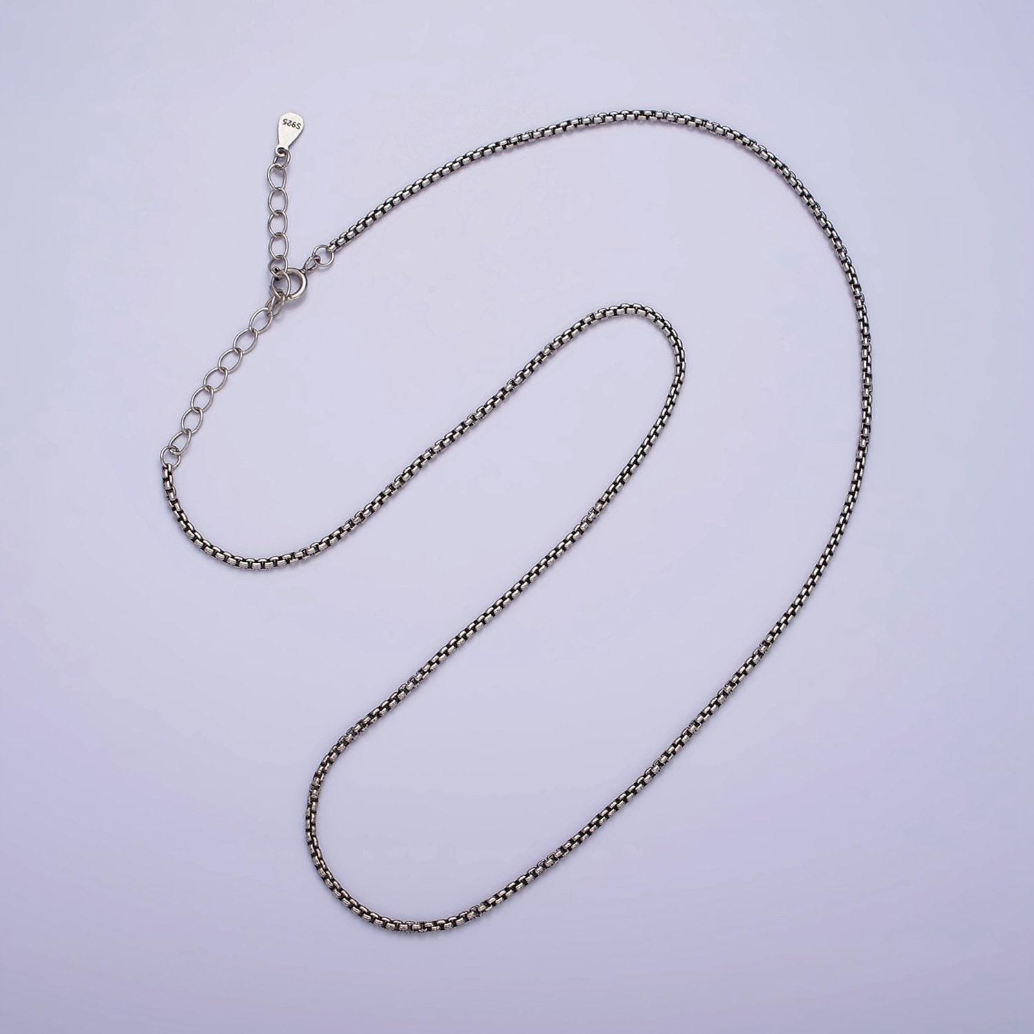 1mm oxidized round box chain necklace 925 sterling silver 15.35 inch + 2 inch extender adjustable chain necklace wa-1963