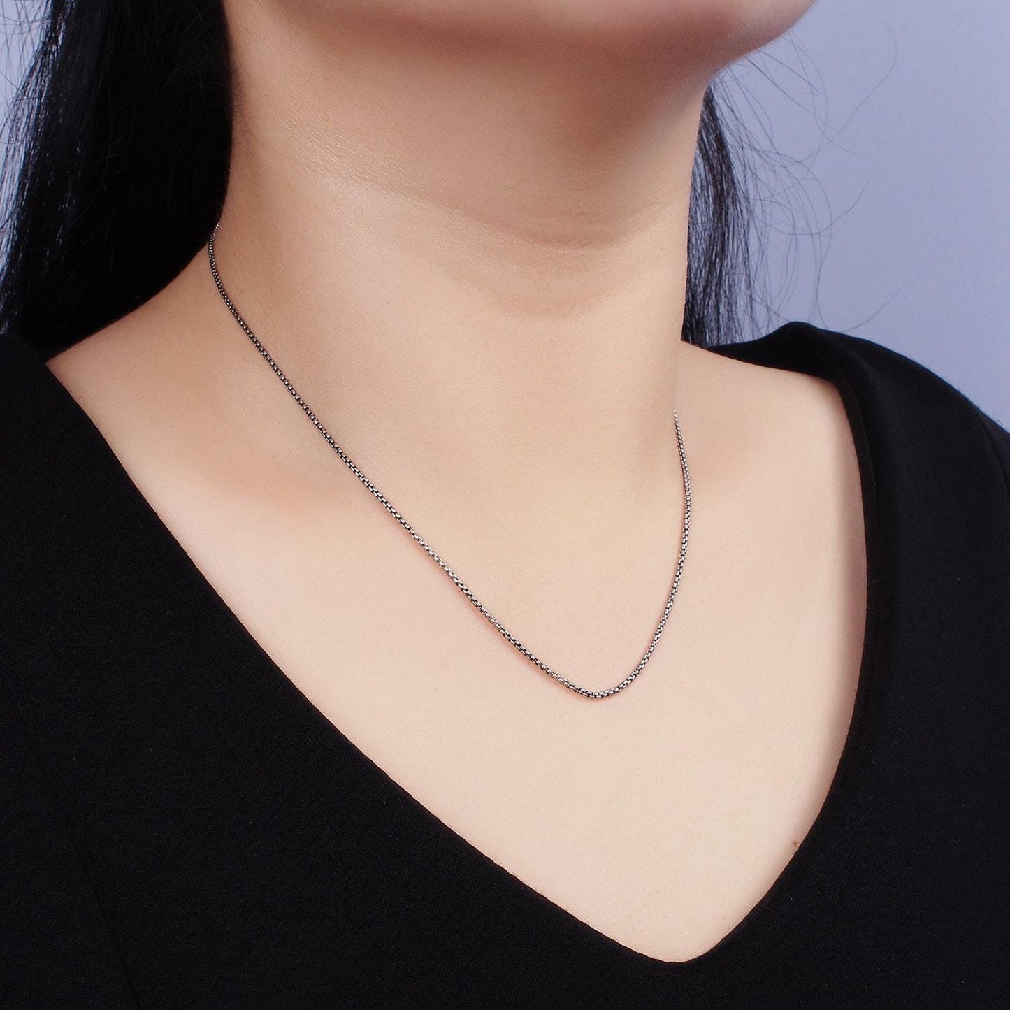 1mm oxidized round box chain necklace 925 sterling silver 15.35 inch + 2 inch extender adjustable chain necklace wa-1963
