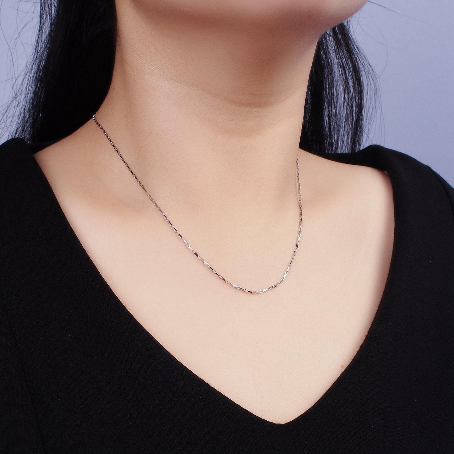 S925 sterling silver 1mm dainty rectangular box 15.5 inch choker chain necklace | wa-1942