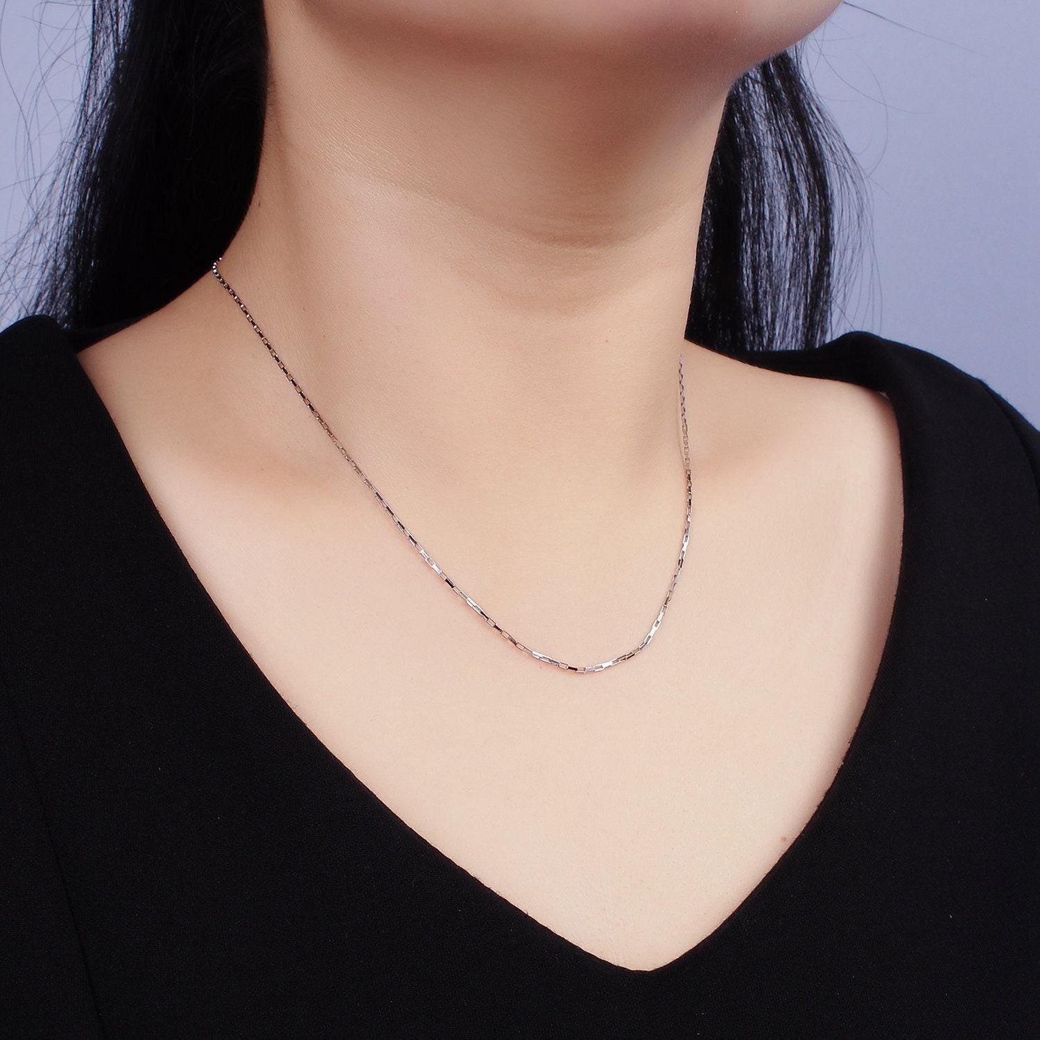 S925 sterling silver 1mm dainty rectangular box 15.5 inch choker chain necklace | wa-1942