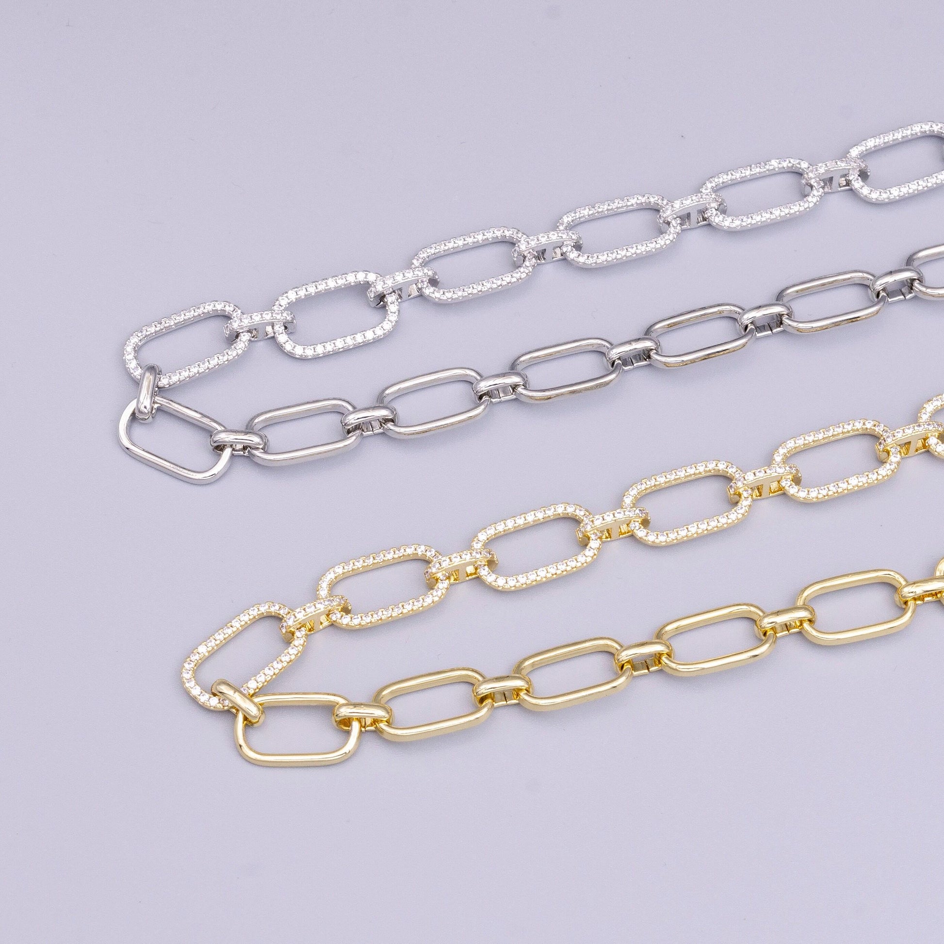 16k gold filled 10mm half micro paved cz paperclip 17 inch chain necklace in gold & silver | wa-1894 wa-1895