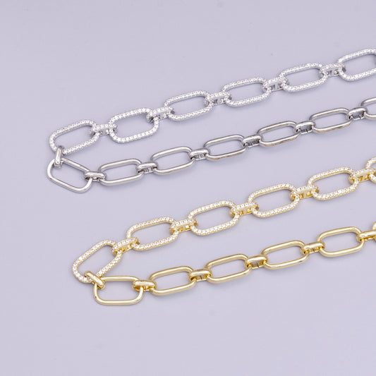 16k gold filled 10mm half micro paved cz paperclip 17 inch chain necklace in gold & silver | wa-1894 wa-1895