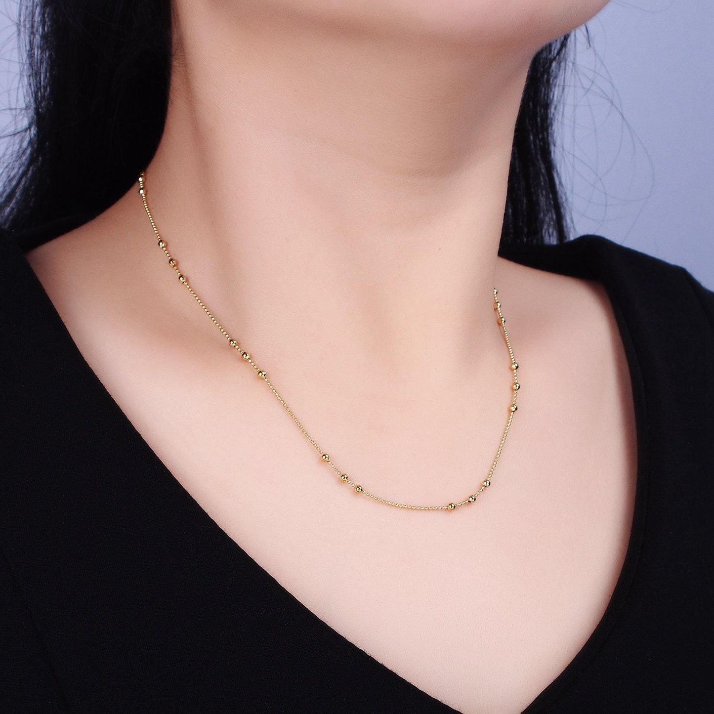 24k gold filled beaded satellite chain gold filled silver chain simple everyday layering necklace 15.75 inch | wa-1855 wa-1856