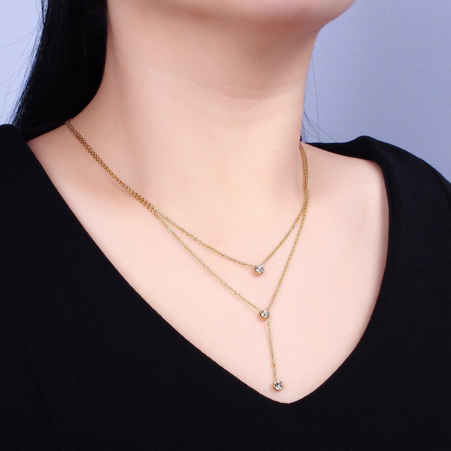 Dainty lariat y necklace for women round bezel cut long drop necklace layered chain necklace minimalist jewelry for mother day gift wa1715