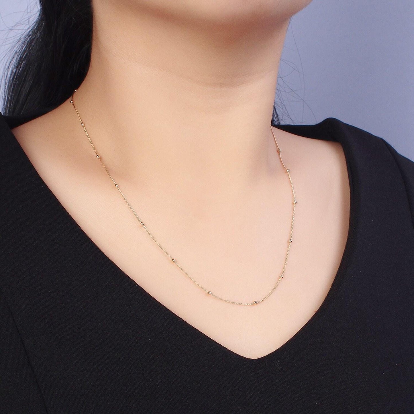19.5 inch satellite chain gold dainty ball link chain necklace ready to wear for jewelry making w/ clasp ball beaded chain, wa-1604