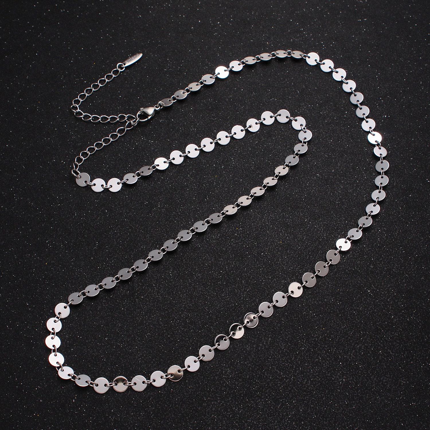 Long silver sequin necklace dot silver layer necklace sequin chain coin chain minimalist necklace for statement jewelry wa-1600