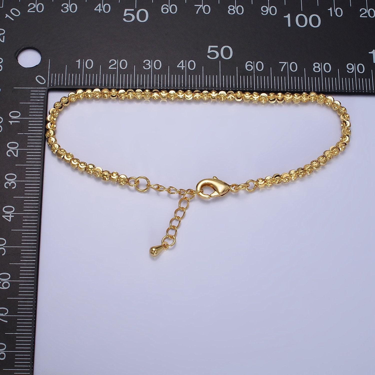 Dainty gold sparkling moon cut ball bead bracelet chain thin minimalist jewelry 2.8mm beaded ball 7 inch + 2 inch extender wa-1578