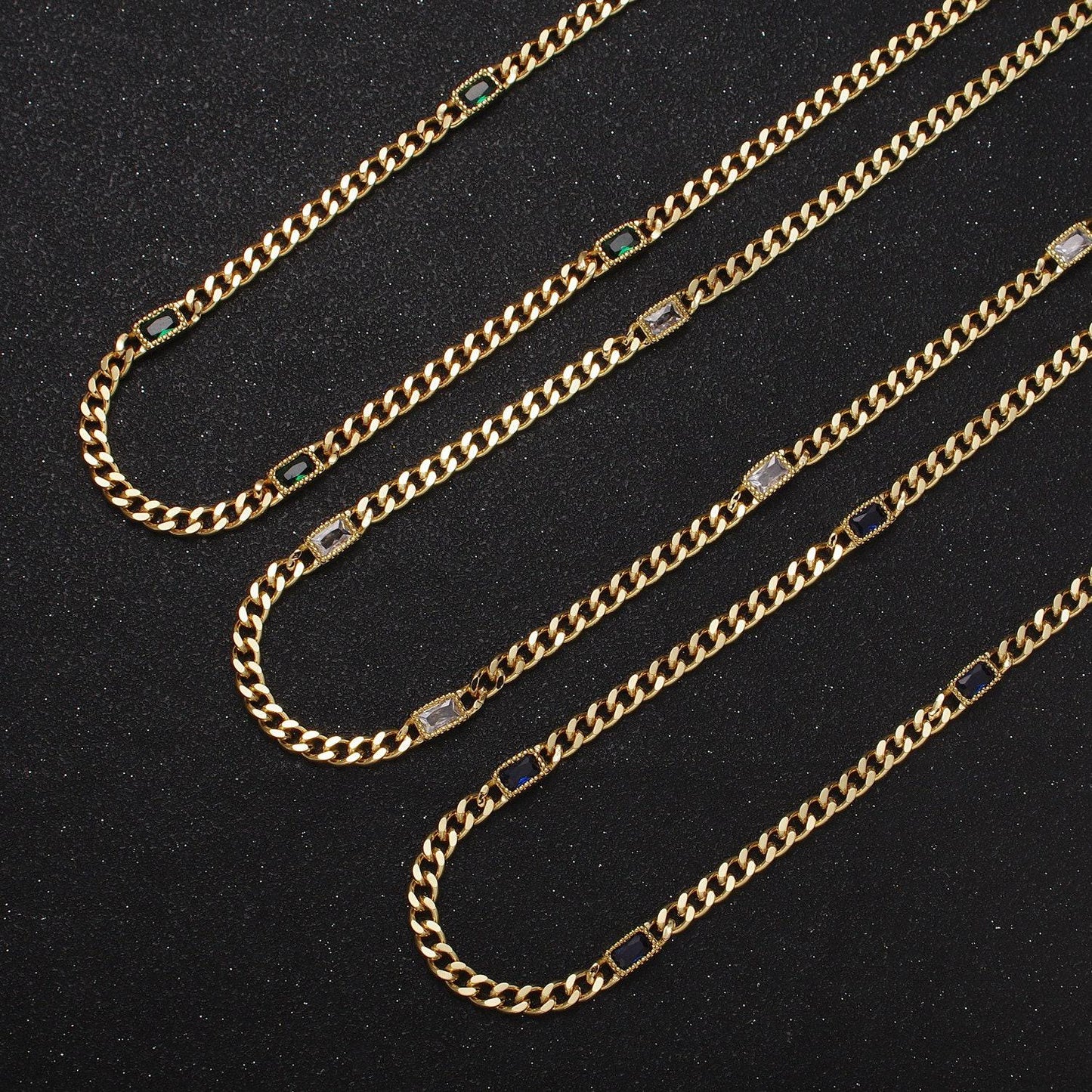 24k gold filled necklace clear, green, blue, baguette cz 3.8mm curb chain 19 inch necklace for layer necklace statement jewelry | wa-1509