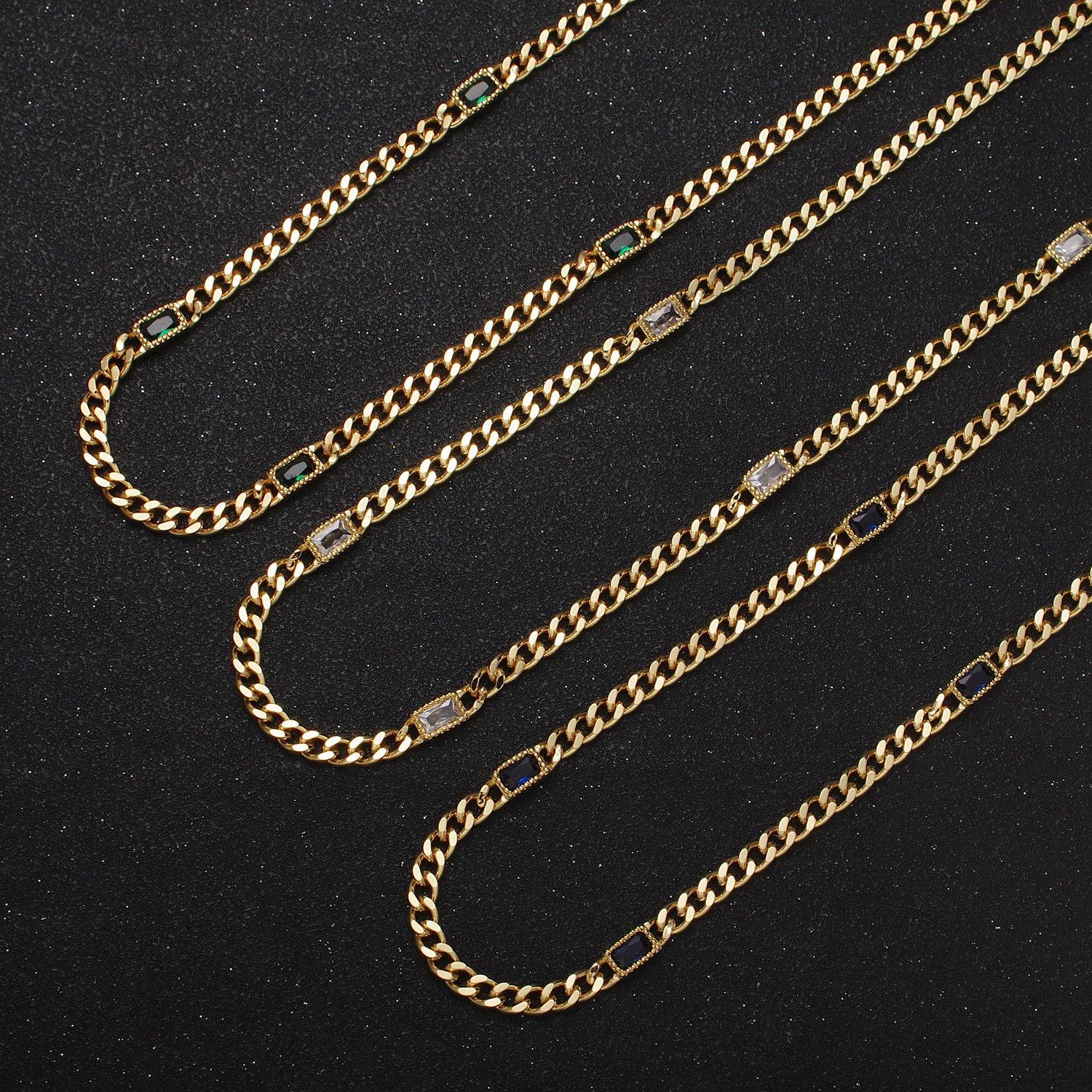 24k gold filled necklace clear, green, blue, baguette cz 3.8mm curb chain 19 inch necklace for layer necklace statement jewelry | wa-1509