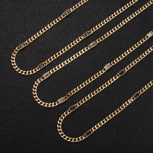 24k gold filled necklace clear, green, blue, baguette cz 3.8mm curb chain 19 inch necklace for layer necklace statement jewelry | wa-1509