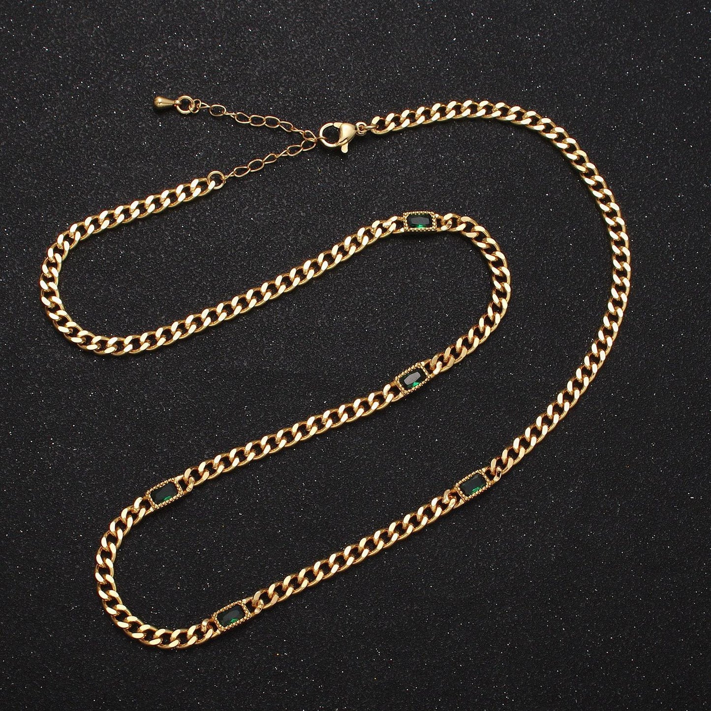 24k gold filled necklace clear, green, blue, baguette cz 3.8mm curb chain 19 inch necklace for layer necklace statement jewelry | wa-1509