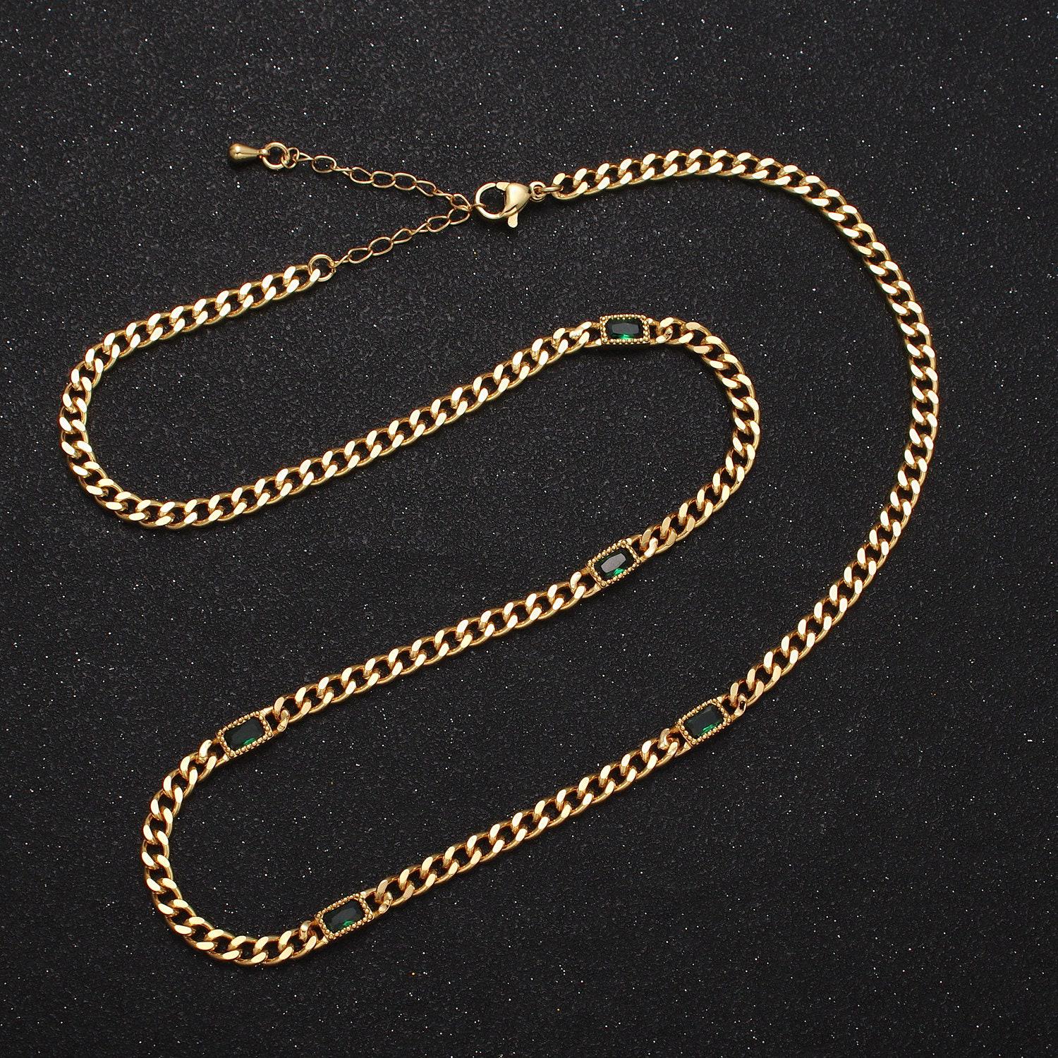24k gold filled necklace clear, green, blue, baguette cz 3.8mm curb chain 19 inch necklace for layer necklace statement jewelry | wa-1509