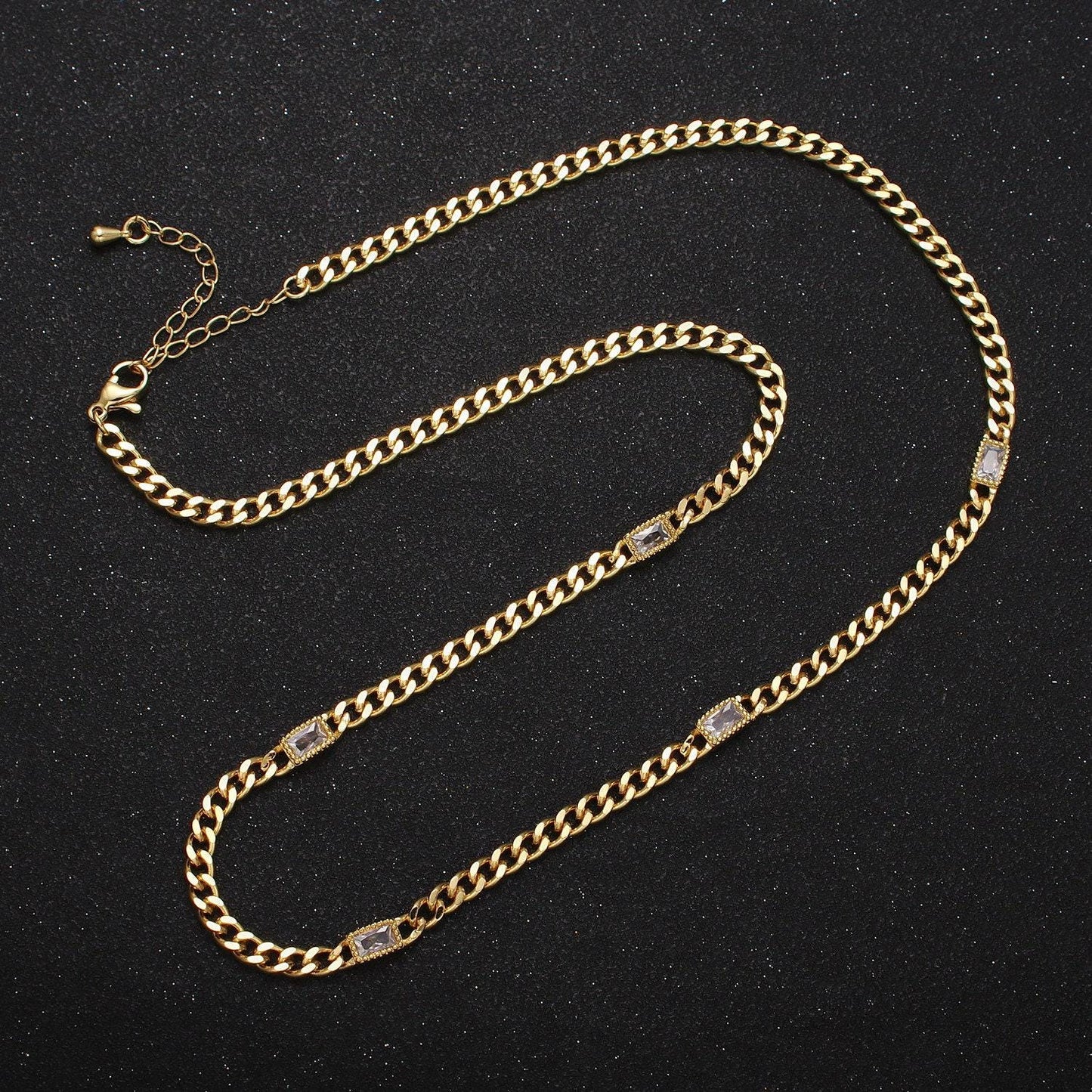 24k gold filled necklace clear, green, blue, baguette cz 3.8mm curb chain 19 inch necklace for layer necklace statement jewelry | wa-1509