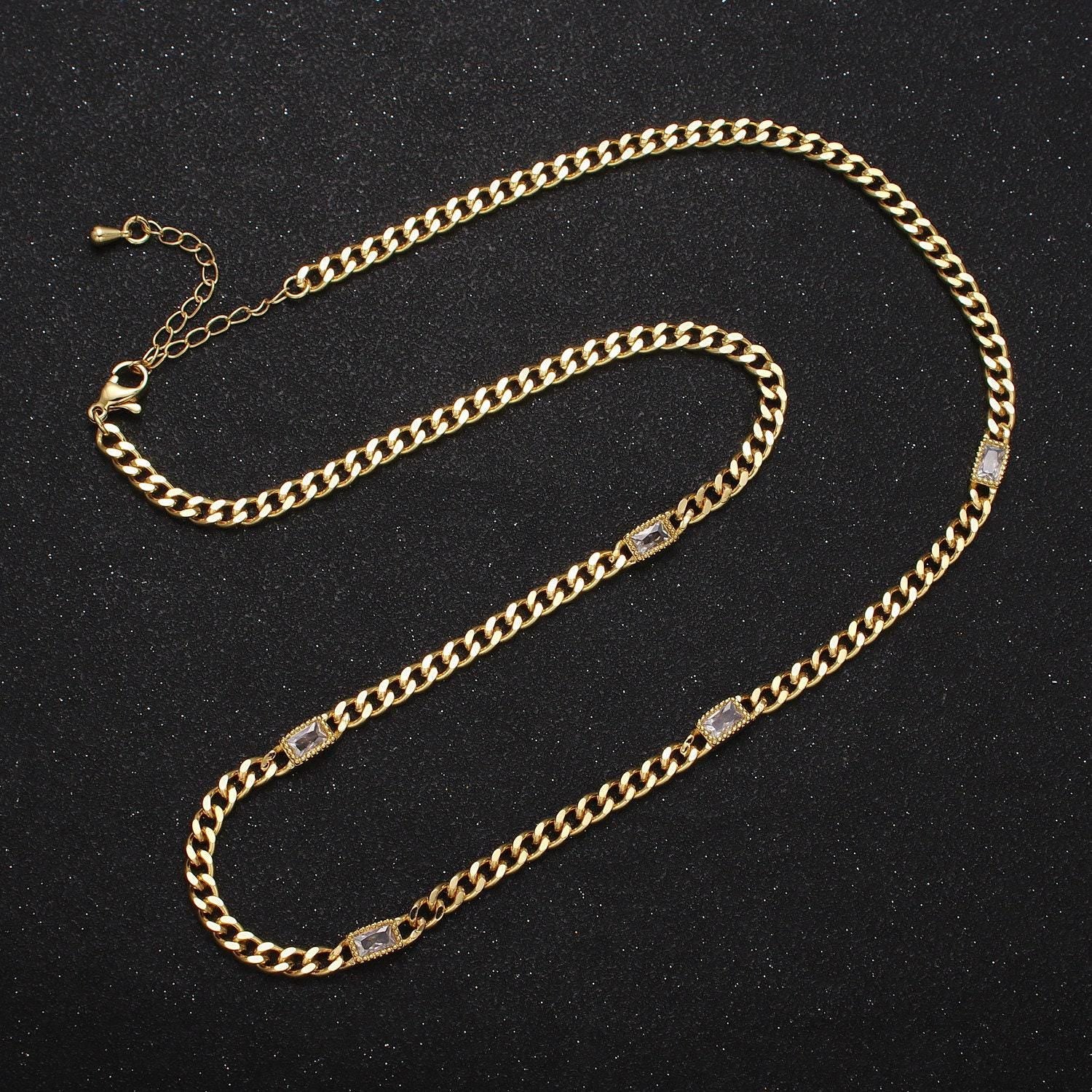 24k gold filled necklace clear, green, blue, baguette cz 3.8mm curb chain 19 inch necklace for layer necklace statement jewelry | wa-1509