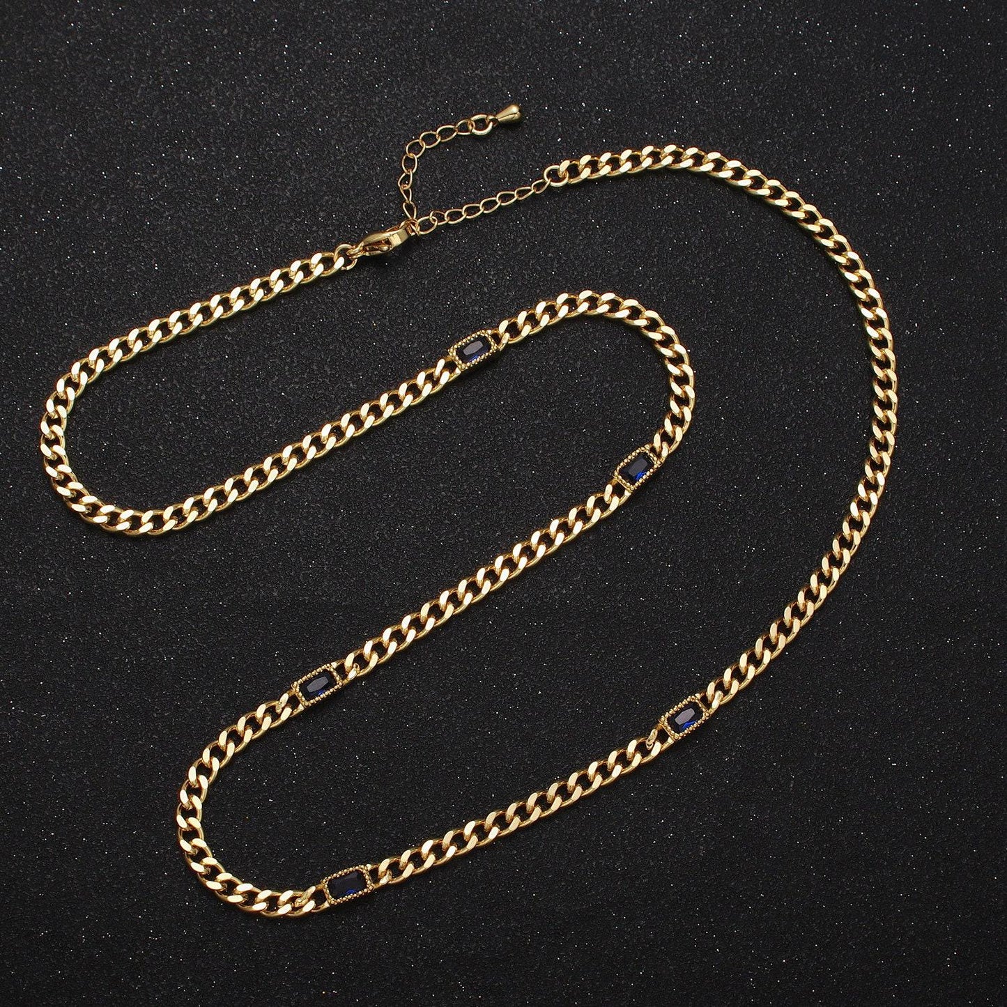 24k gold filled necklace clear, green, blue, baguette cz 3.8mm curb chain 19 inch necklace for layer necklace statement jewelry | wa-1509