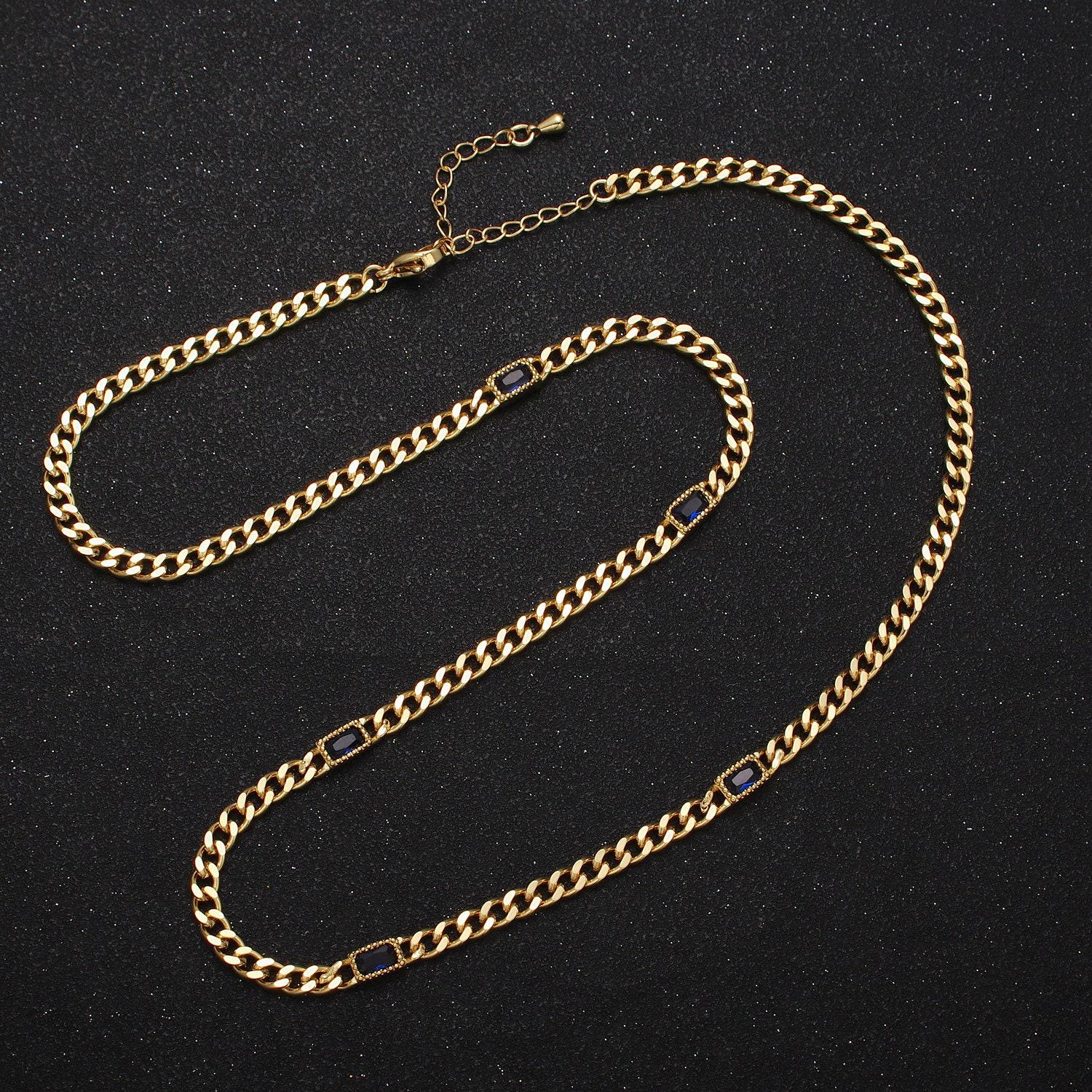 24k gold filled necklace clear, green, blue, baguette cz 3.8mm curb chain 19 inch necklace for layer necklace statement jewelry | wa-1509