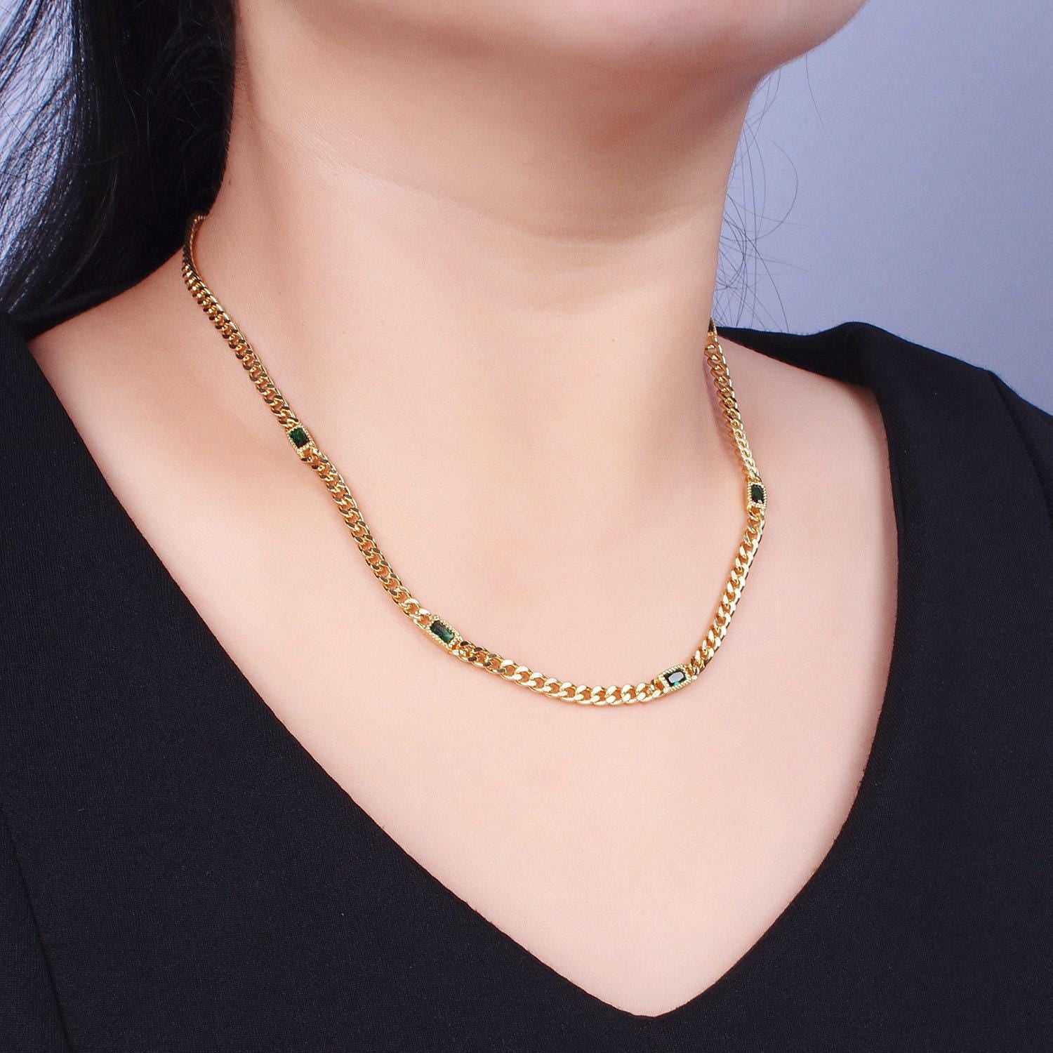 24k gold filled necklace clear, green, blue, baguette cz 3.8mm curb chain 19 inch necklace for layer necklace statement jewelry | wa-1509