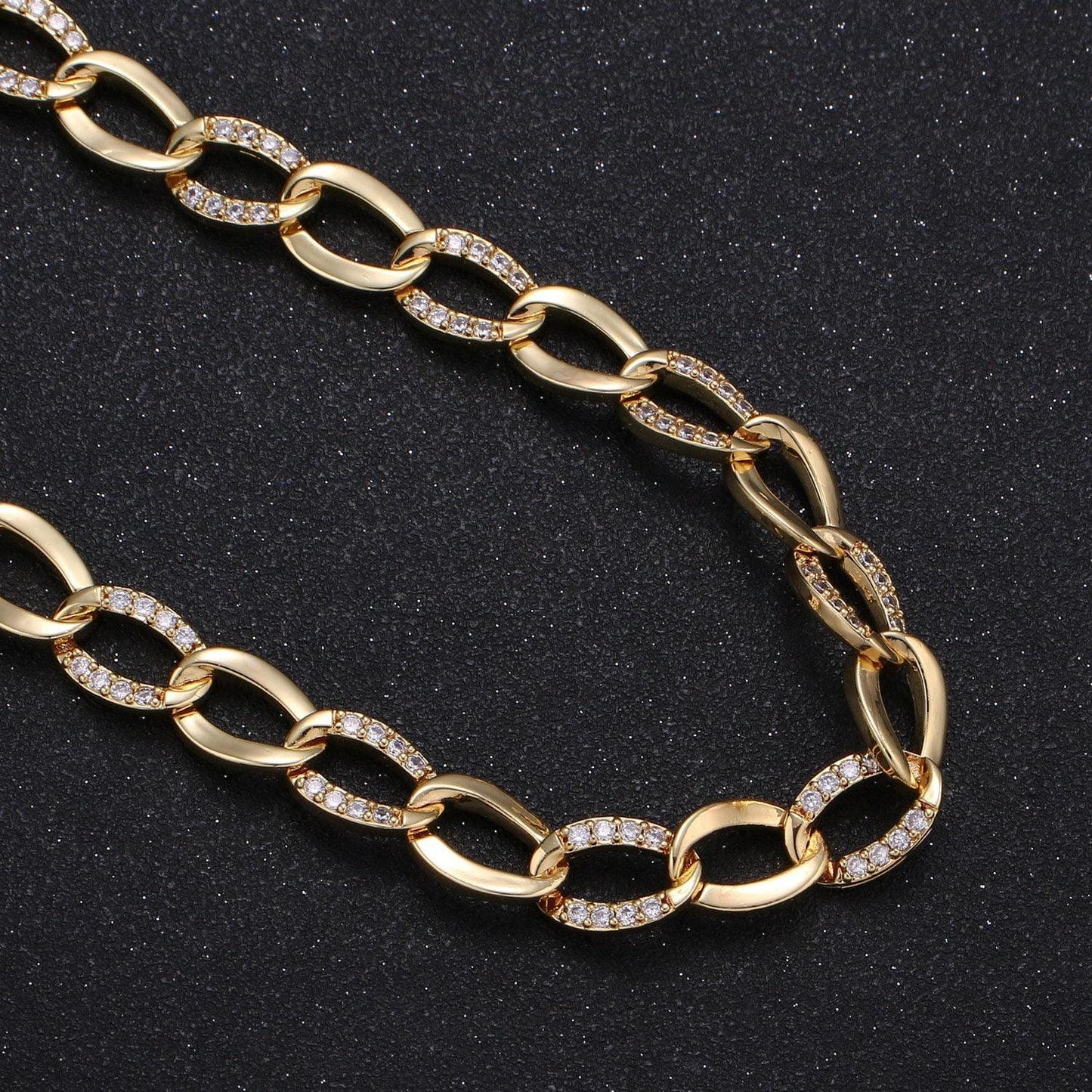 24k gold cluster cz rolo cable chain by yard, sand cubic cable rolo chain, oval roll chain for jewelry making, wa-1406