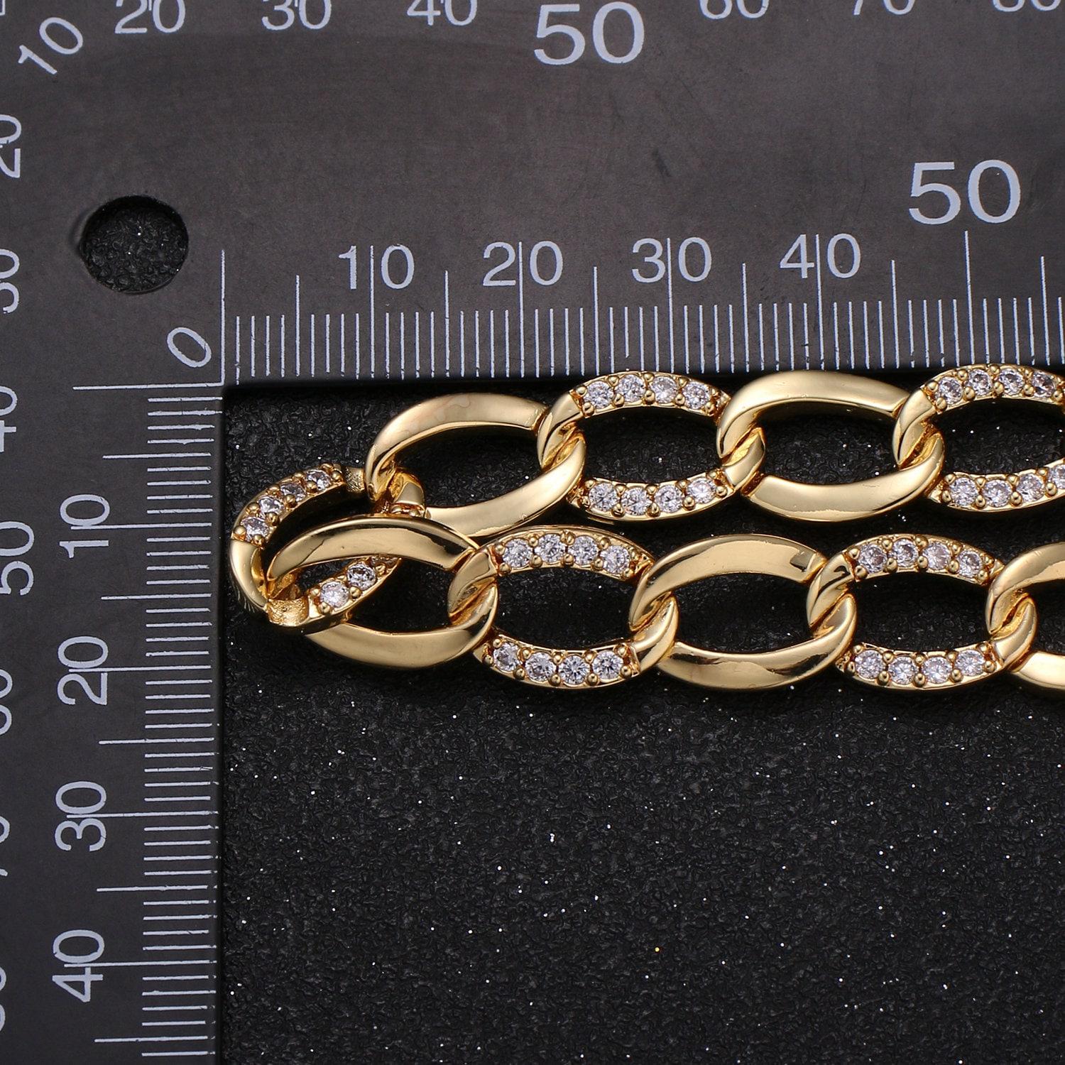 24k gold cluster cz rolo cable chain by yard, sand cubic cable rolo chain, oval roll chain for jewelry making, wa-1406