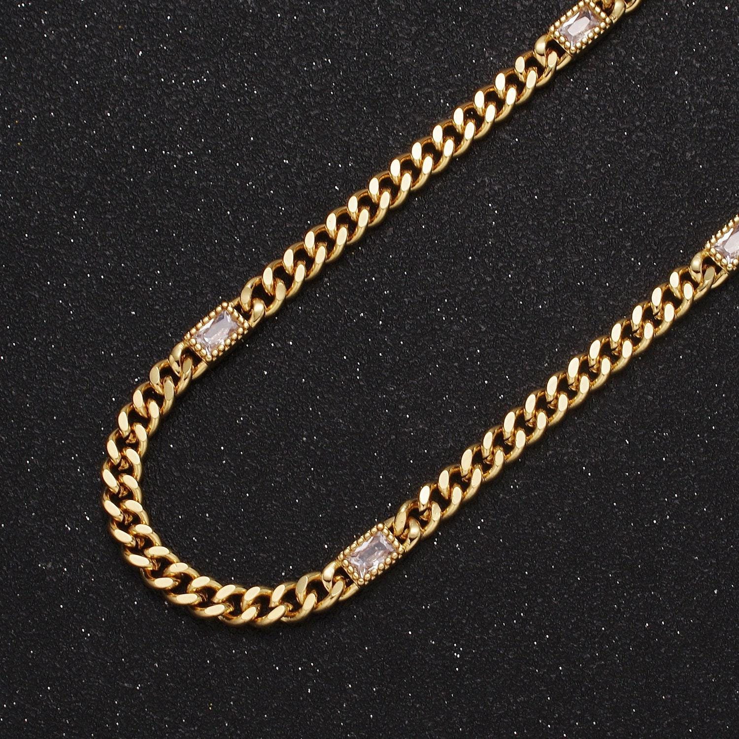 24k gold filled unfinished chunky curb chain with dainty rectangular crystal cubic zirconia cz stone by meter