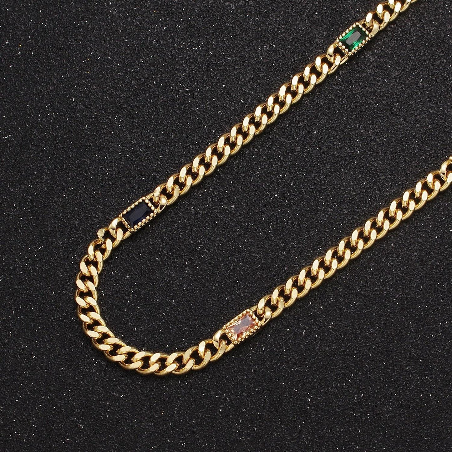 24k gold filled unfinished chunky curb chain with dainty rectangular crystal cubic zirconia cz stone by meter