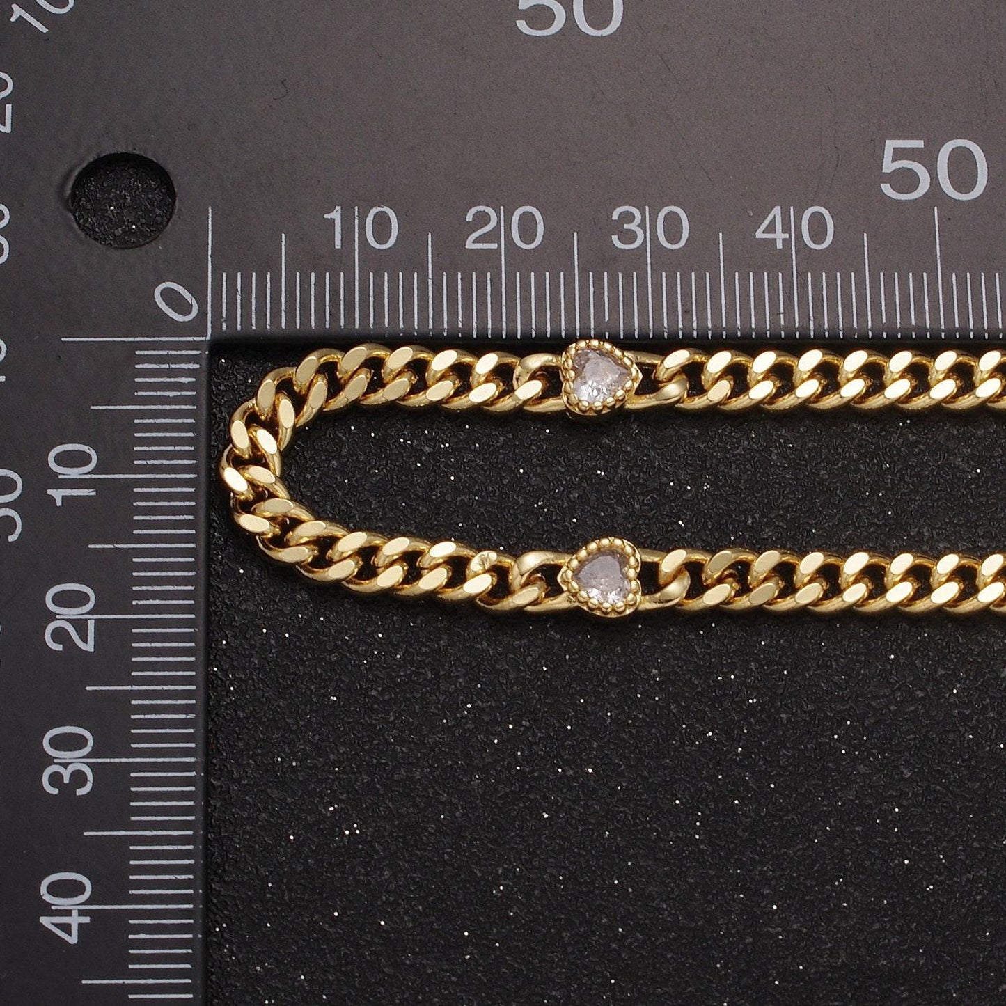 24k gold filled unfinished flat curb chain with crystal cubic zirconia cz love heart-shaped stone by meter