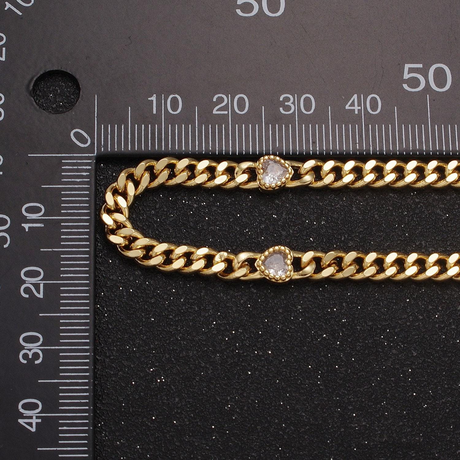 24k gold filled unfinished flat curb chain with crystal cubic zirconia cz love heart-shaped stone by meter