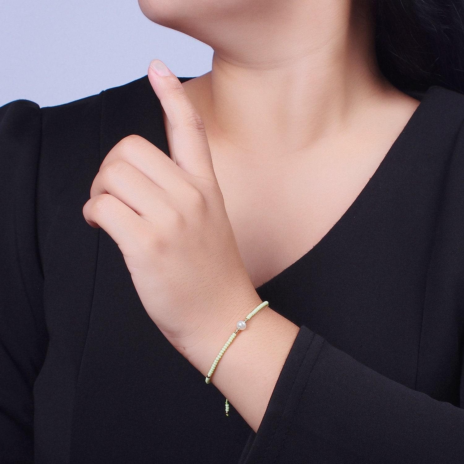 Pearl bracelet, minimalist glass beads pastel adjustable knotted braided macrame string bracelet women jewelry gift idea wa-1259