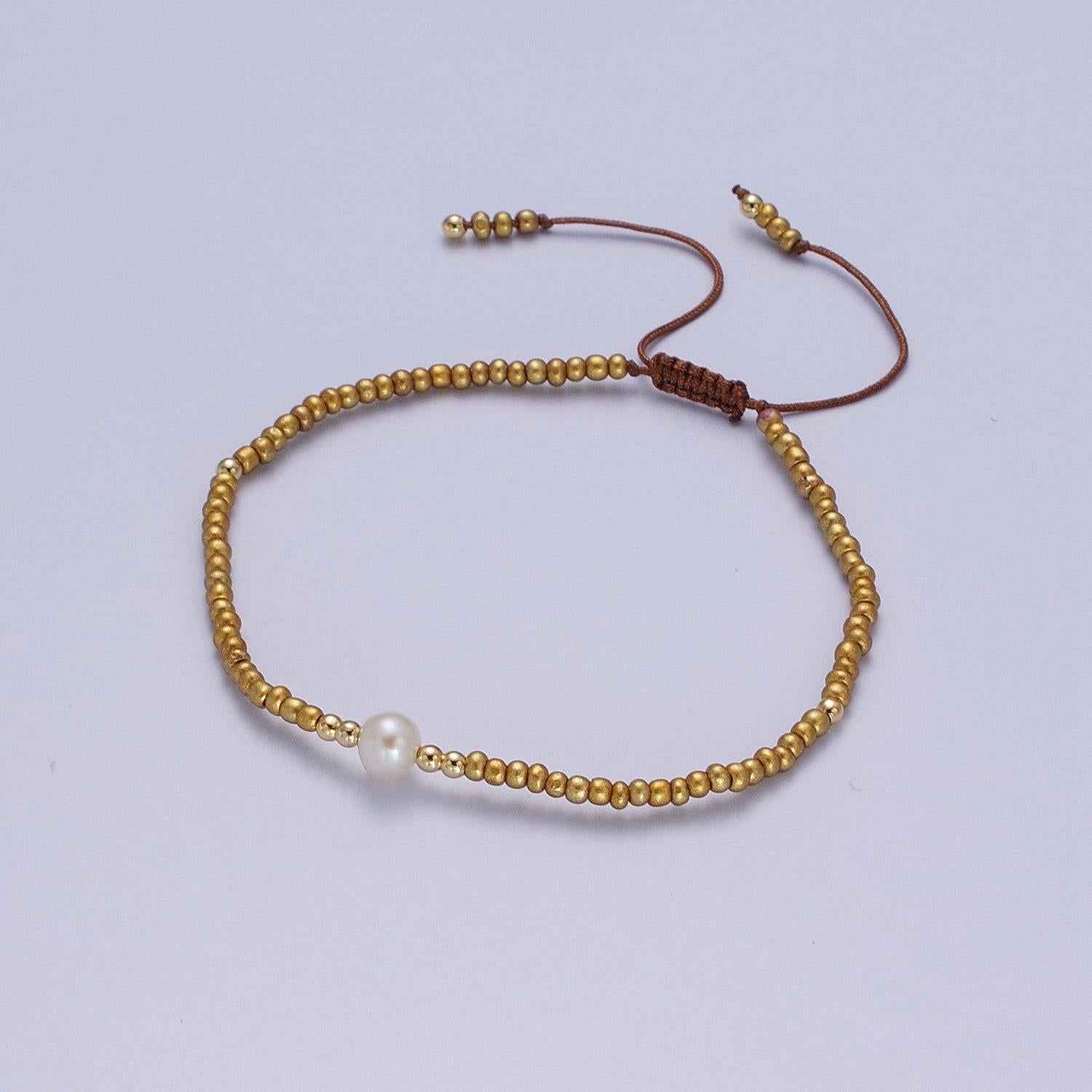 Pearl bracelet, minimalist glass beads pastel adjustable knotted braided macrame string bracelet women jewelry gift idea wa-1259