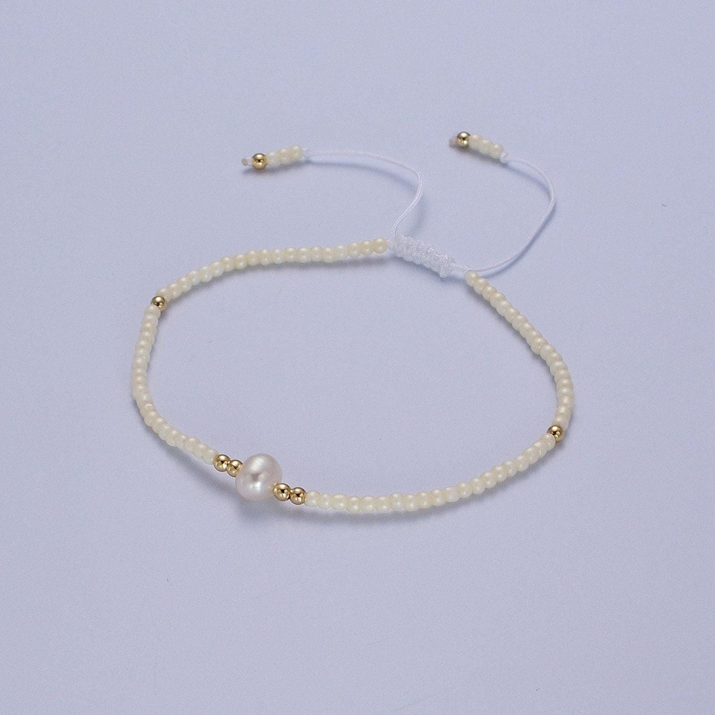 Pearl bracelet, minimalist glass beads pastel adjustable knotted braided macrame string bracelet women jewelry gift idea wa-1259