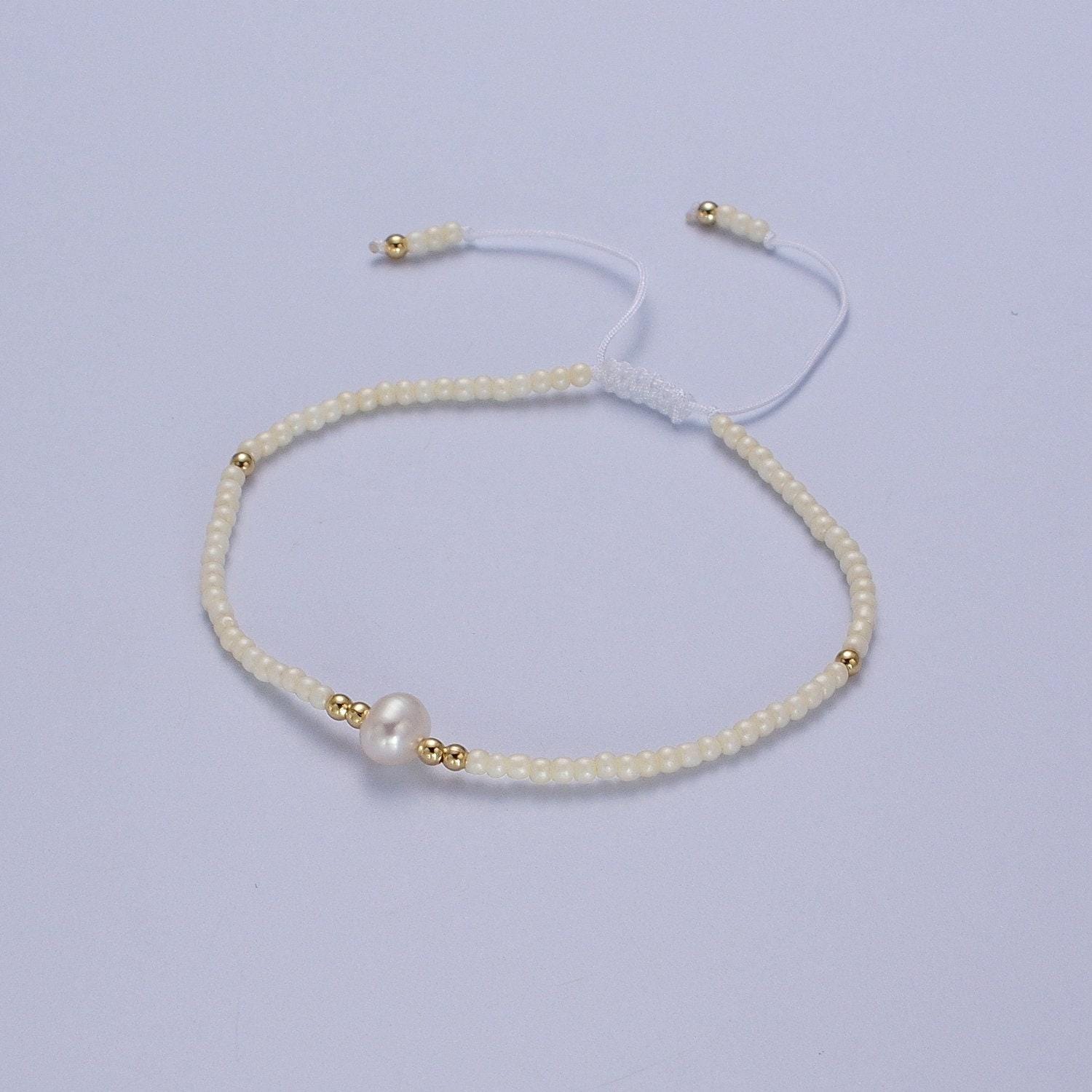 Pearl bracelet, minimalist glass beads pastel adjustable knotted braided macrame string bracelet women jewelry gift idea wa-1259