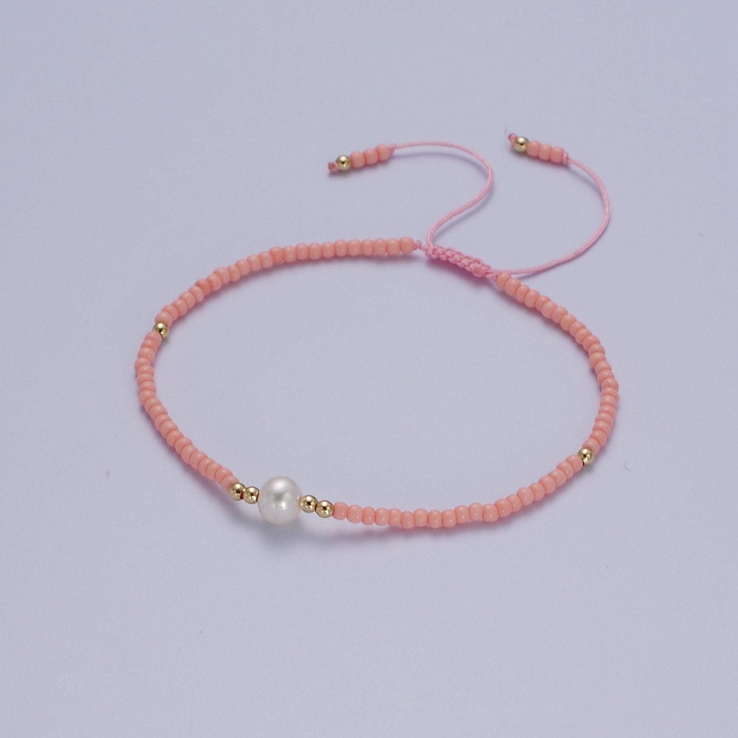 Pearl bracelet, minimalist glass beads pastel adjustable knotted braided macrame string bracelet women jewelry gift idea wa-1259