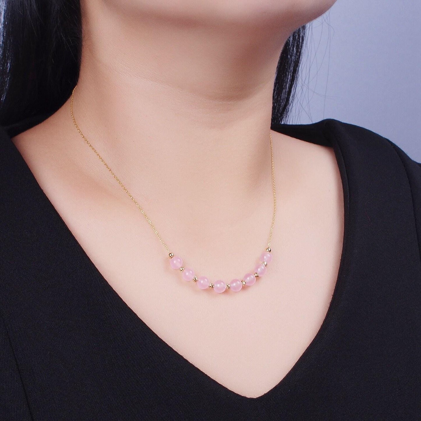 Pink quartz necklace bead 18.5 inch gemstone beaded necklace | wa-1253