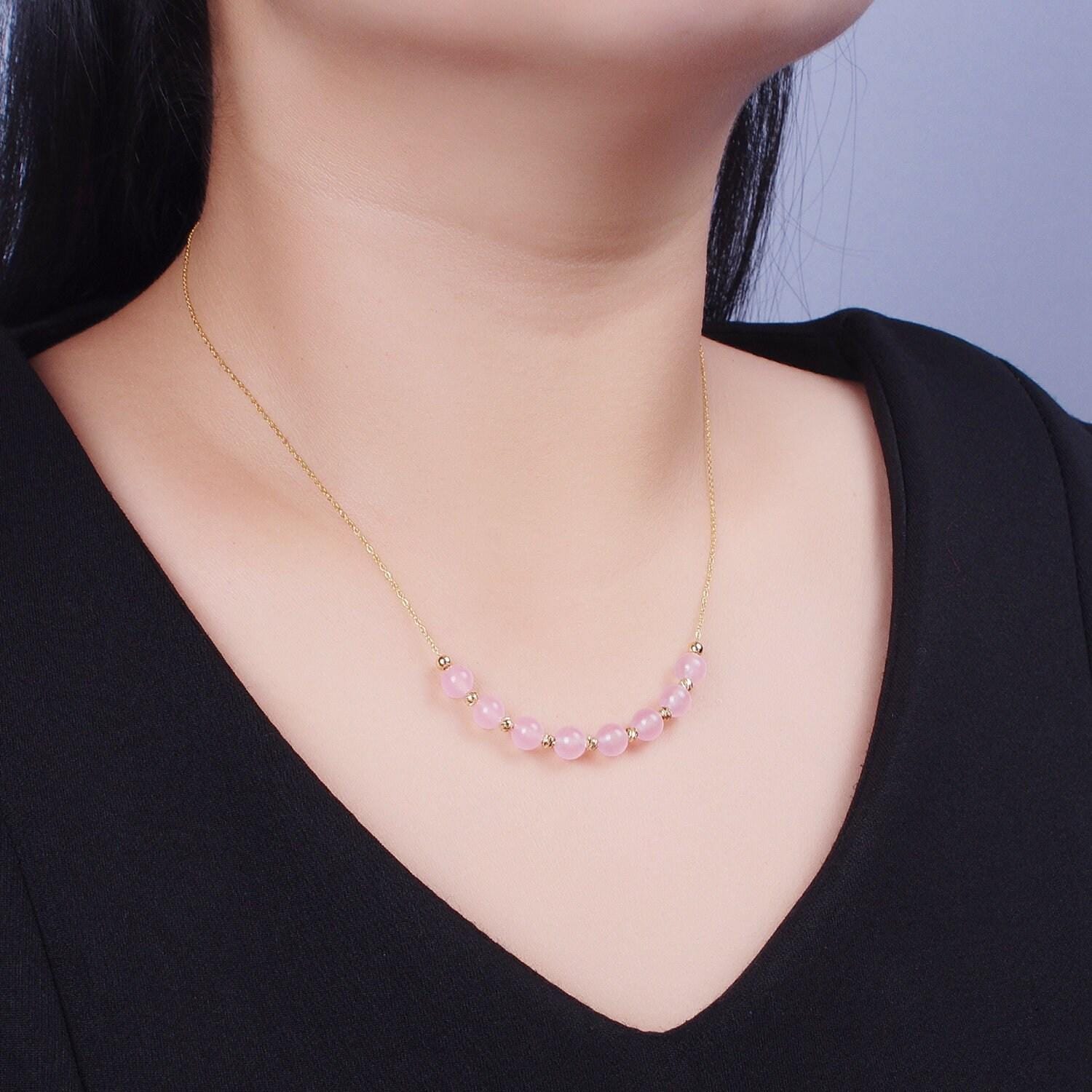 Pink quartz necklace bead 18.5 inch gemstone beaded necklace | wa-1253