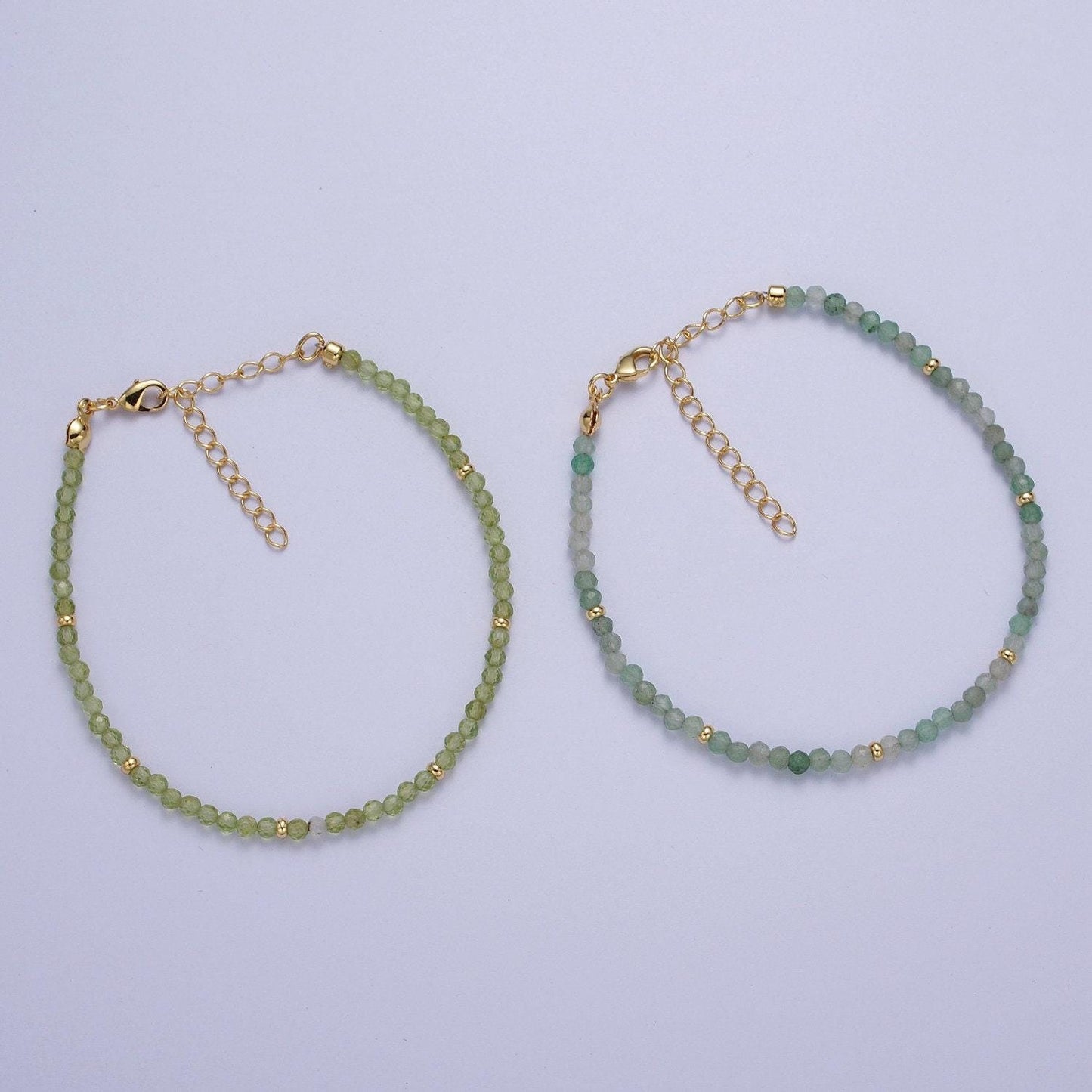 2.8mm green prehnite & aventurine multifaceted rondelle stones w. gold crimp spacers 7.0"+2.0" extender handmade bracelet | wa-1197, wa-1198