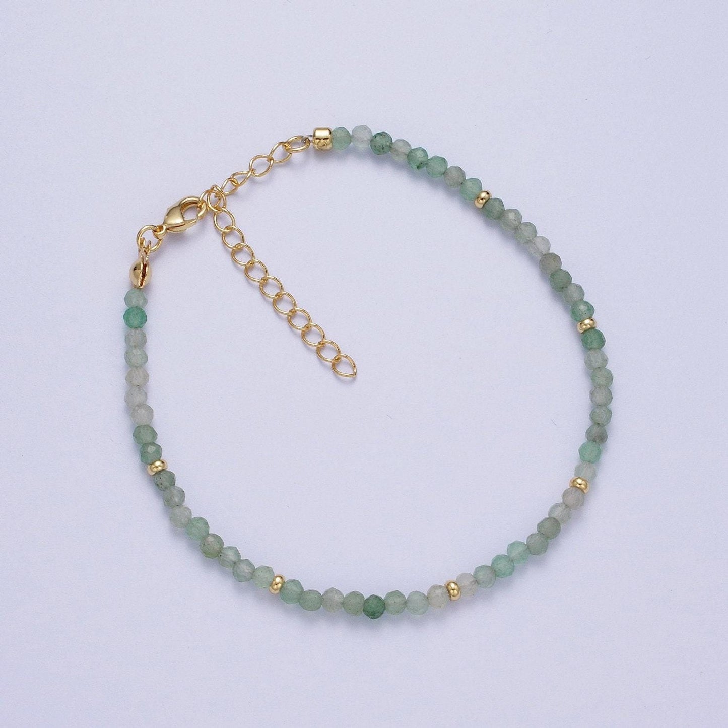2.8mm green prehnite & aventurine multifaceted rondelle stones w. gold crimp spacers 7.0"+2.0" extender handmade bracelet | wa-1197, wa-1198