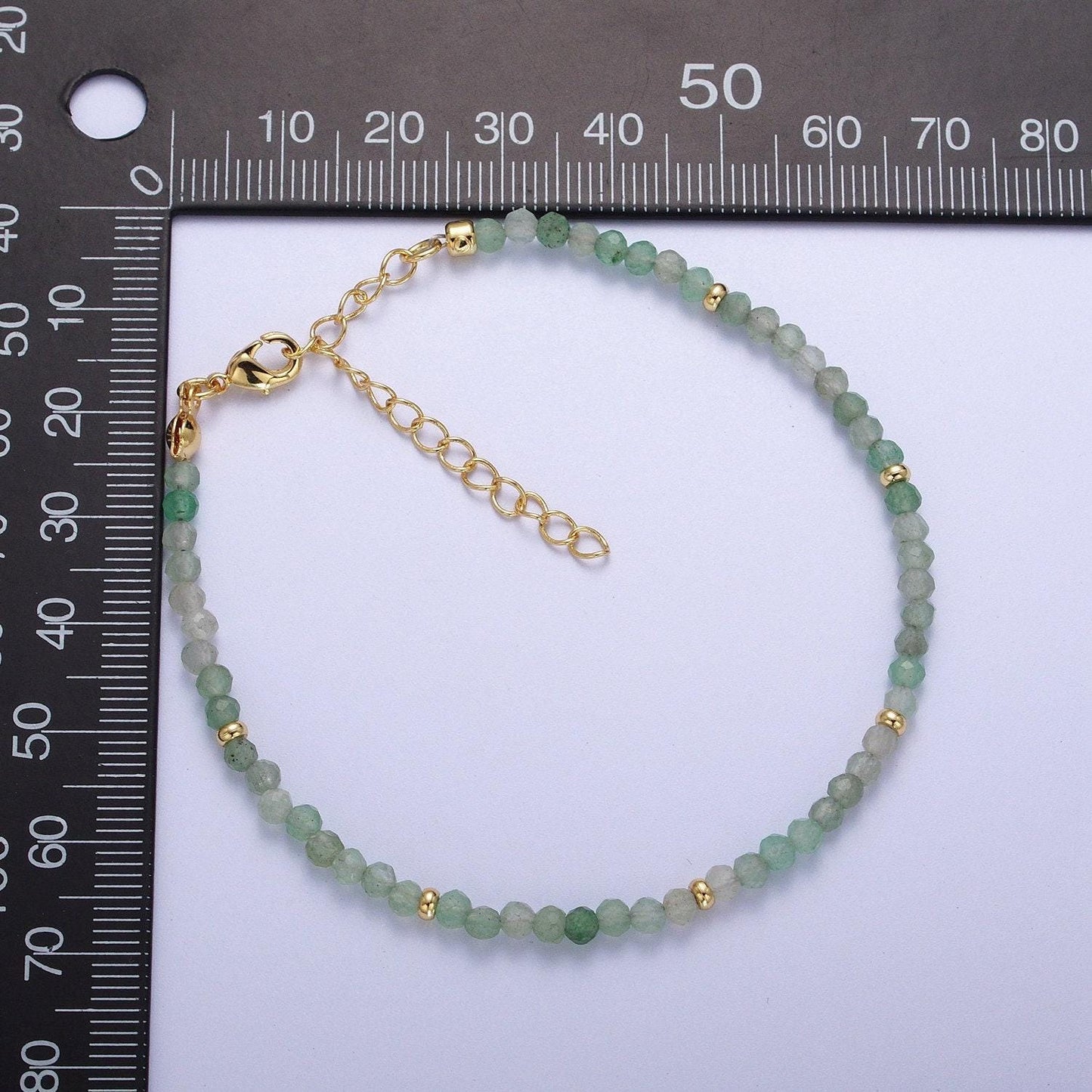 2.8mm green prehnite & aventurine multifaceted rondelle stones w. gold crimp spacers 7.0"+2.0" extender handmade bracelet | wa-1197, wa-1198