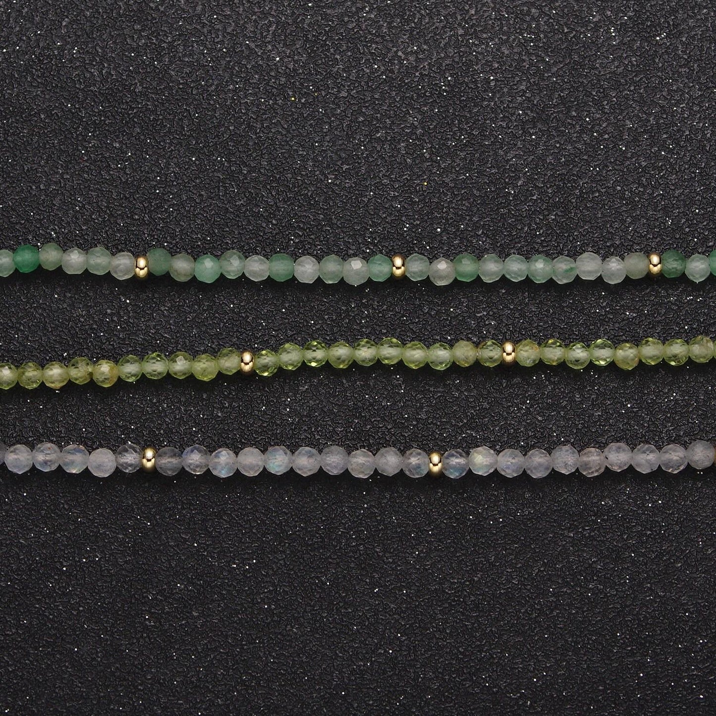 3.0mm moonstone, aventurine, prehnite multifaceted rondelle stones w. gold crimp spacers 17.5"+1.5" ext. handmade necklace | wa-1194,5,6