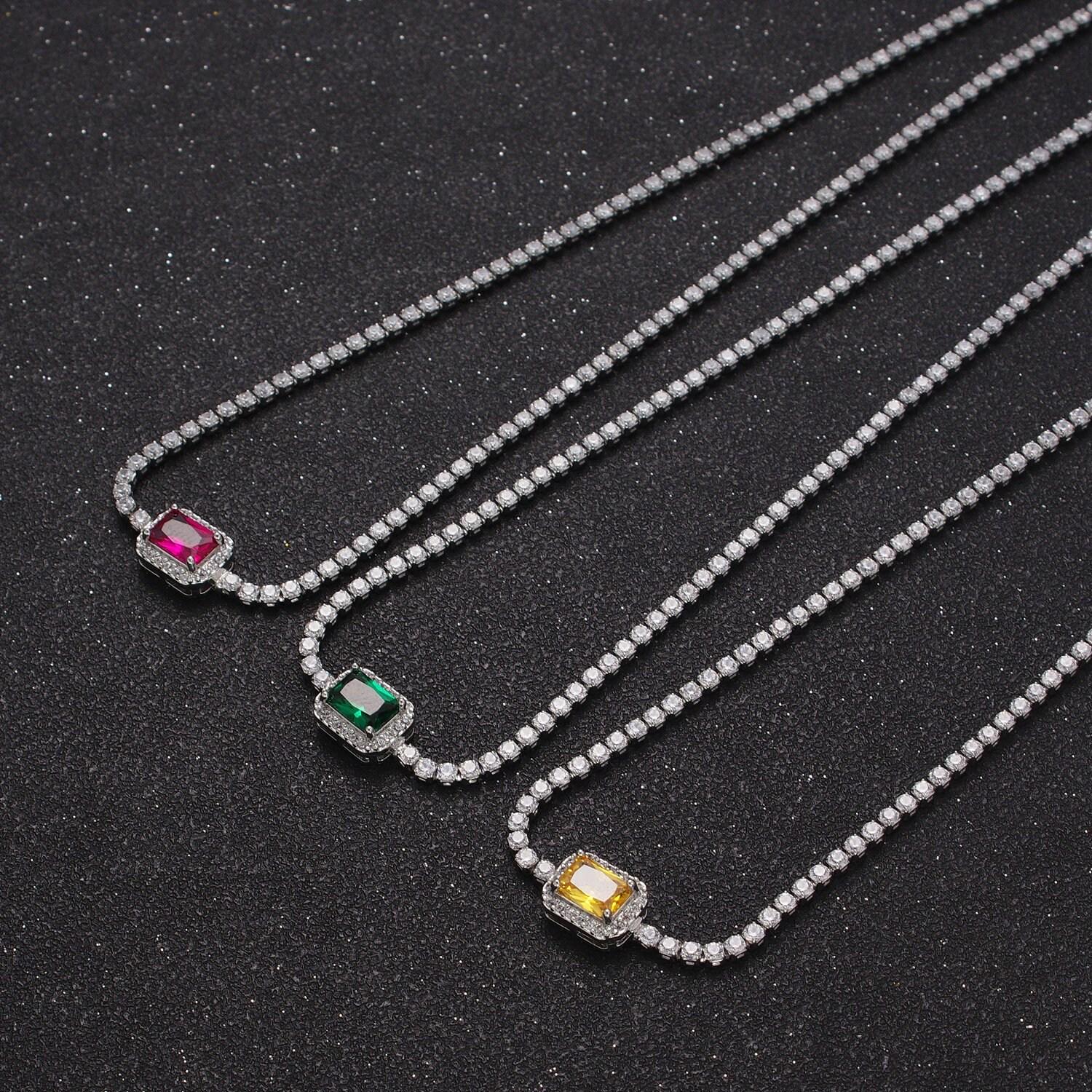 2.0mm red, green, yellow rectangular micro paved cubic zirconia stones on 14.0"+2.0" ext. white gold plated necklace | wa-1190, -1191, -1192