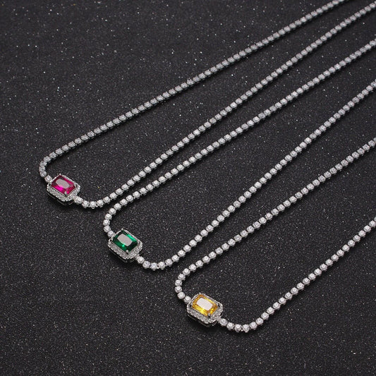 2.0mm red, green, yellow rectangular micro paved cubic zirconia stones on 14.0"+2.0" ext. white gold plated necklace | wa-1190, -1191, -1192