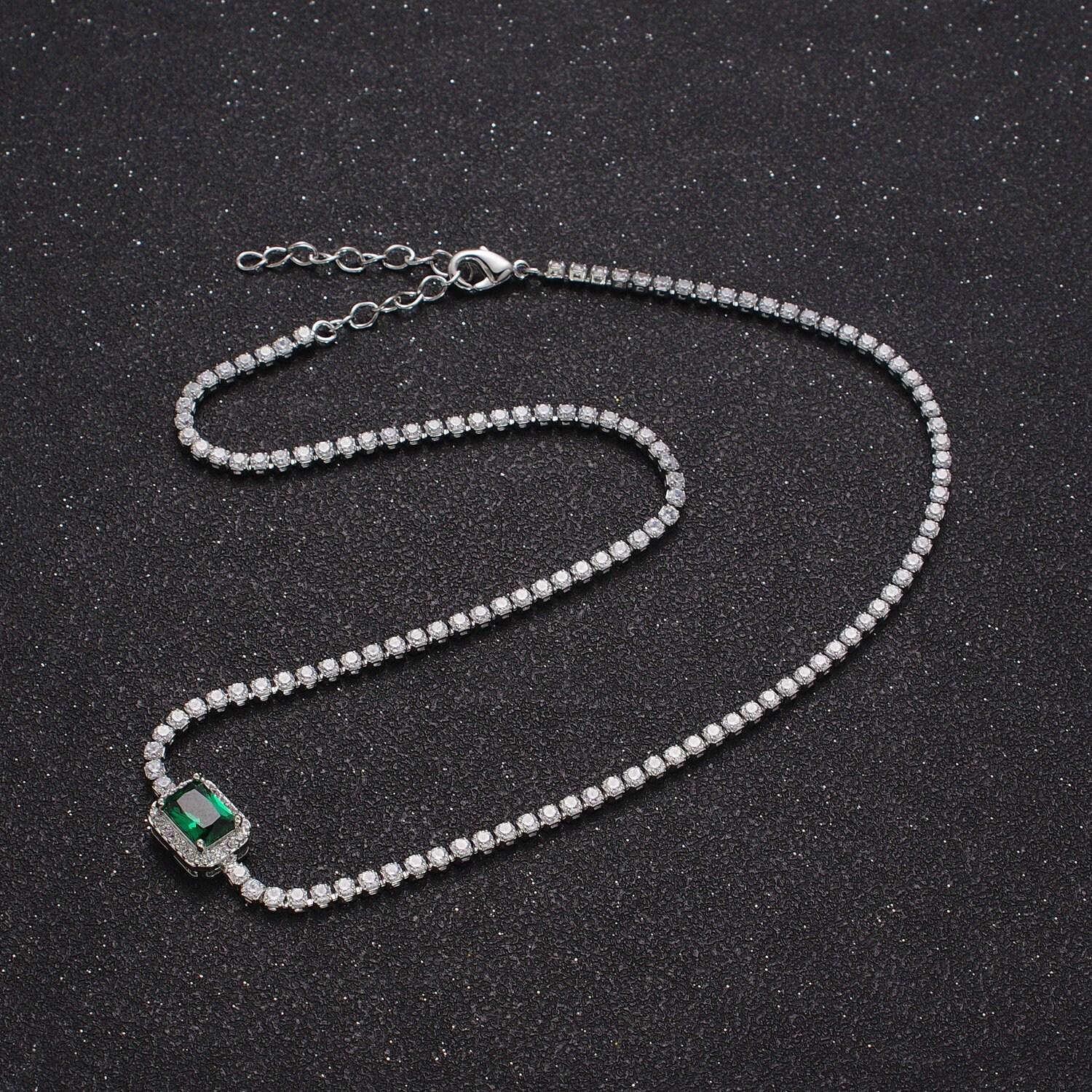 2.0mm red, green, yellow rectangular micro paved cubic zirconia stones on 14.0"+2.0" ext. white gold plated necklace | wa-1190, -1191, -1192