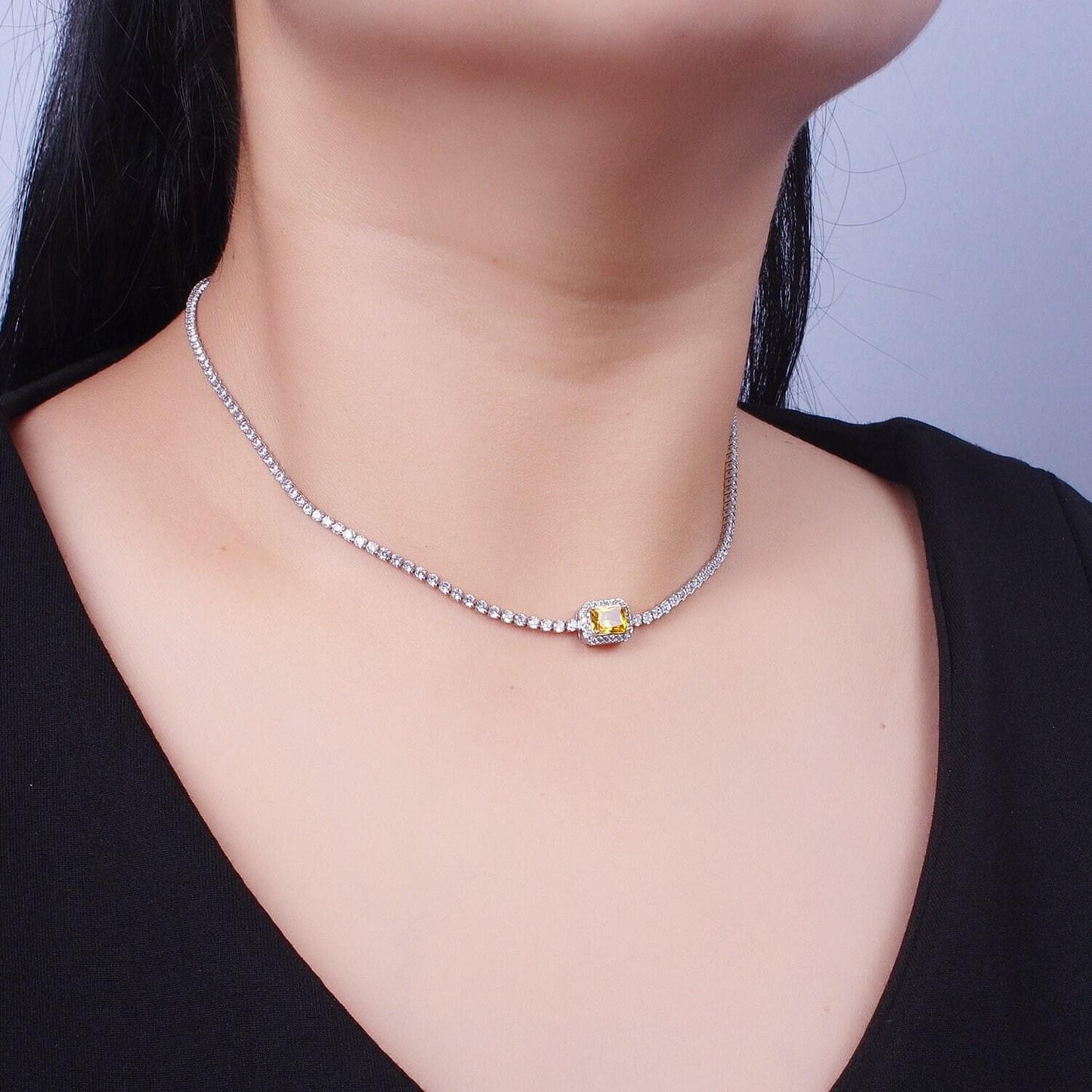 2.0mm red, green, yellow rectangular micro paved cubic zirconia stones on 14.0"+2.0" ext. white gold plated necklace | wa-1190, -1191, -1192